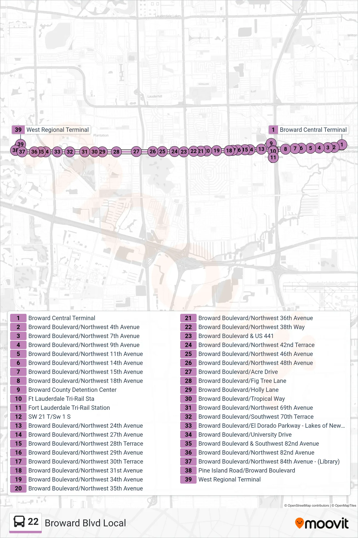 22 bus Line (West Terminal Via Tri-Rail) route and stops on a map
