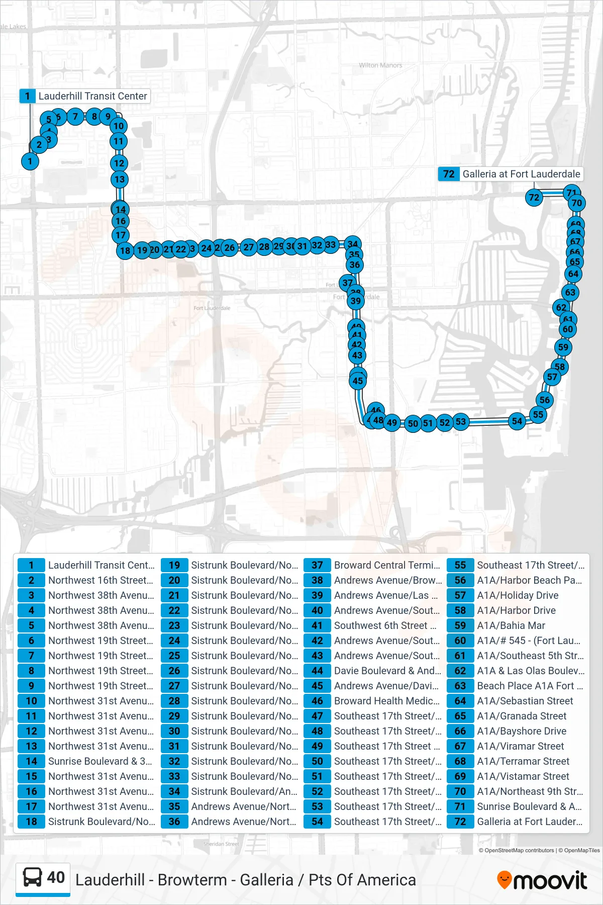 40 bus Line (Galleria Via Central Terminal) route and stops on a map