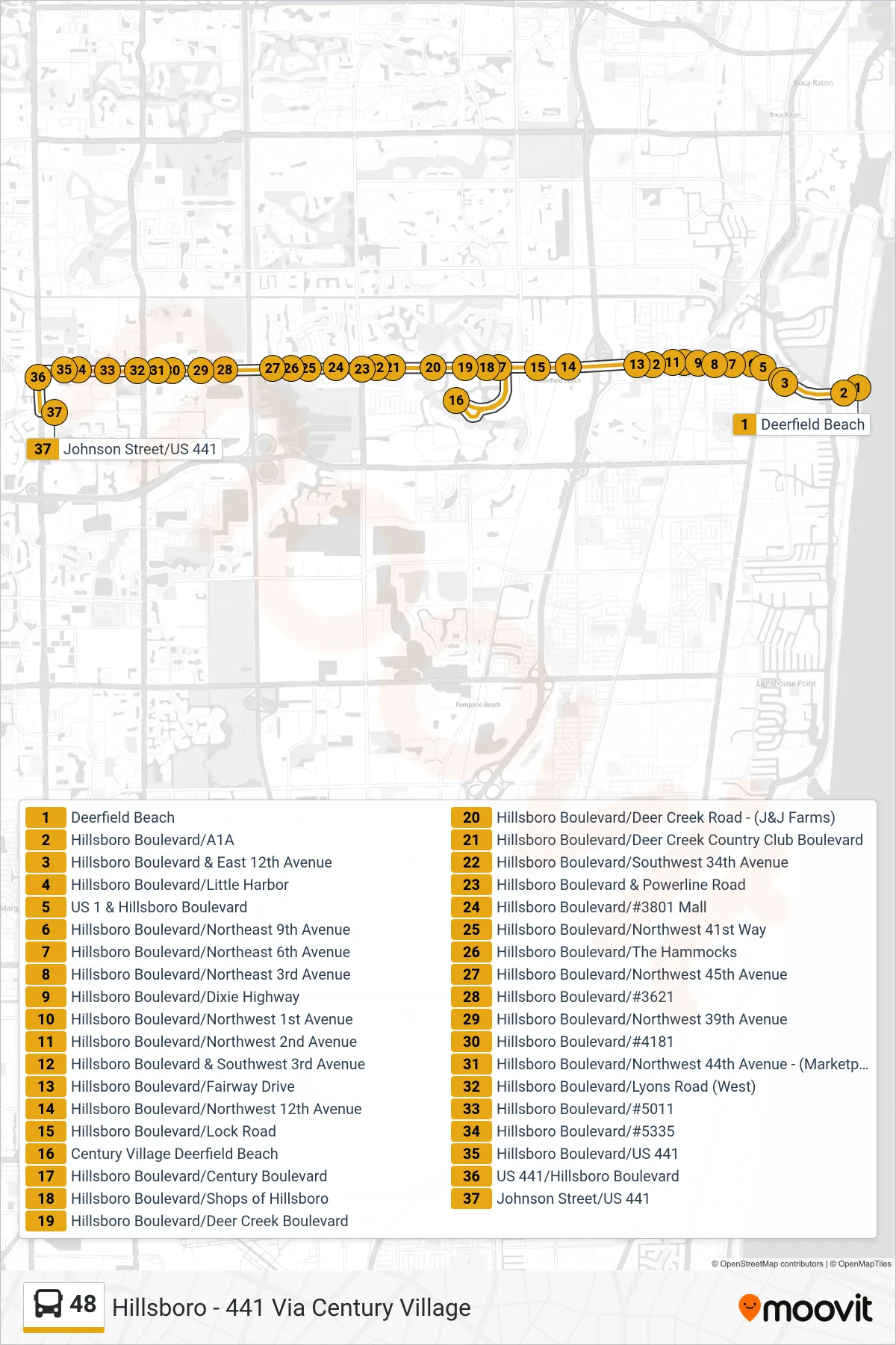 48 bus Line (Hillsboro - 441 Via Century Village) route and stops on a map