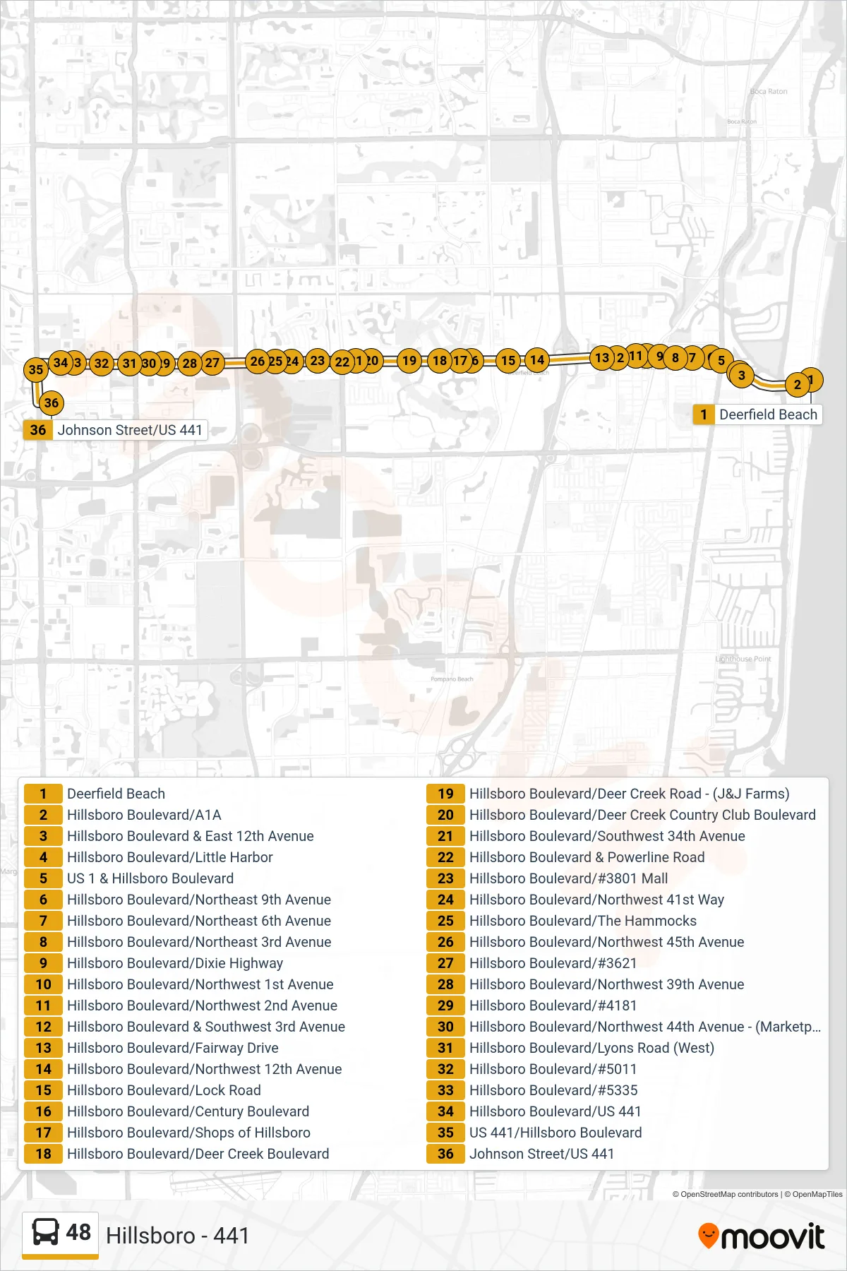 48 bus Line (Hillsboro - 441) route and stops on a map