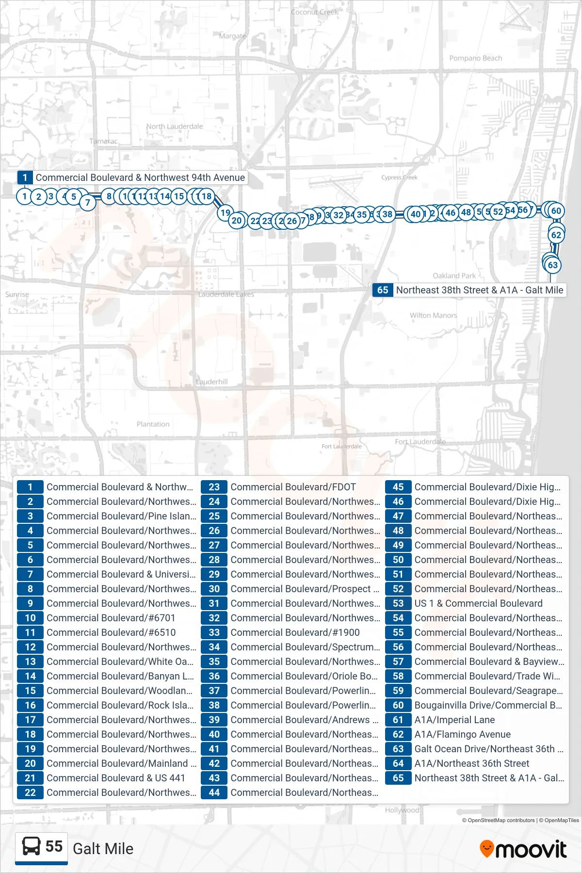 55 bus Line (Galt Mile) route and stops on a map