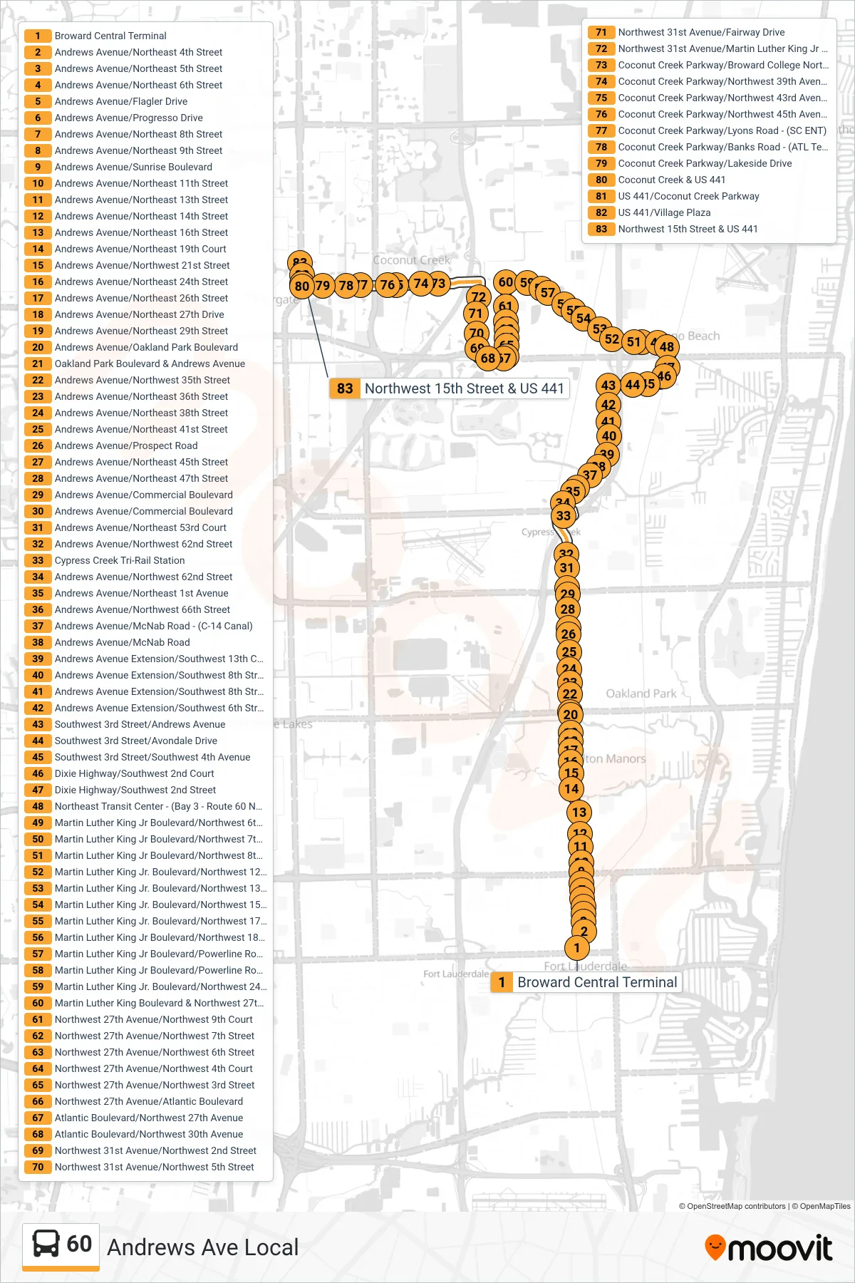 60 bus Line (Coconut Creek - 441 Via Northeast Transit Center) route and stops on a map