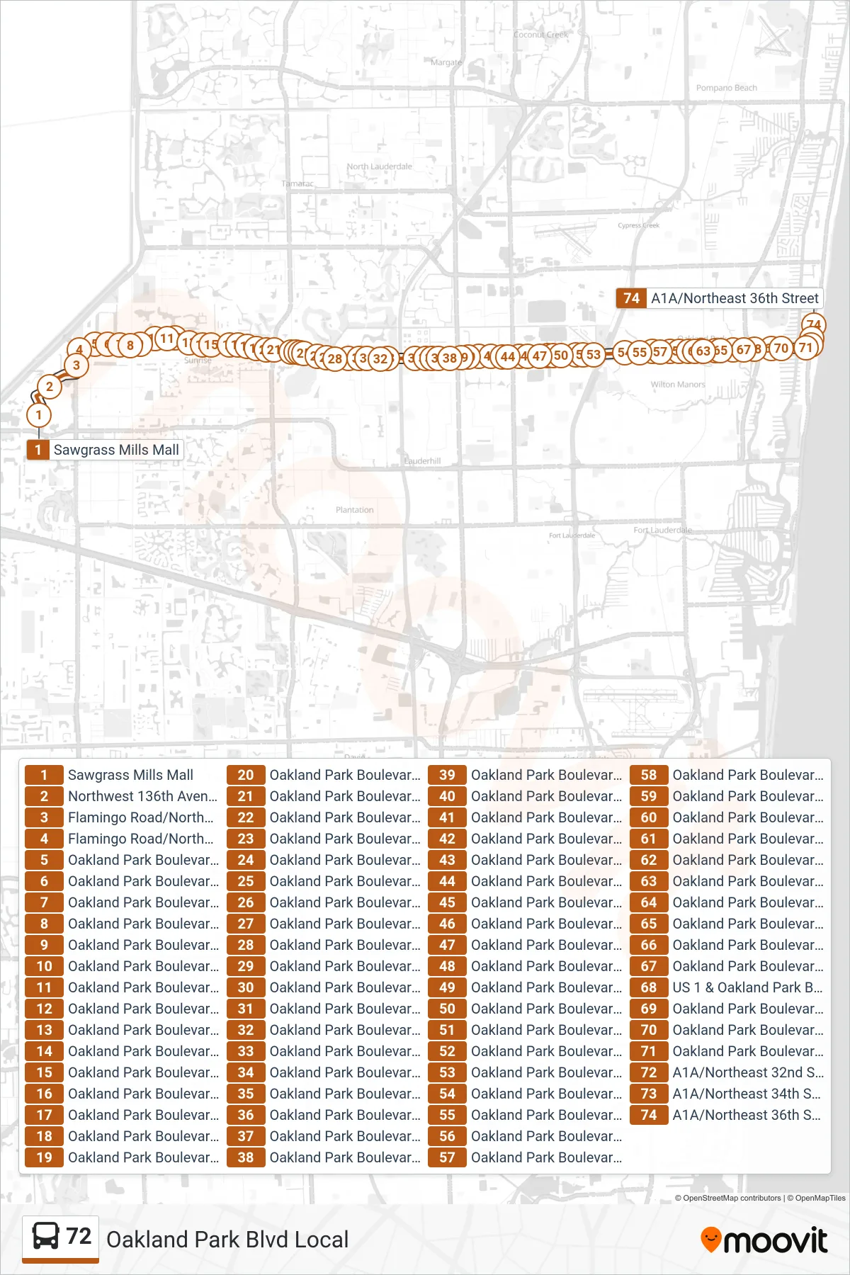 72 bus Line (Galt Mile) route and stops on a map