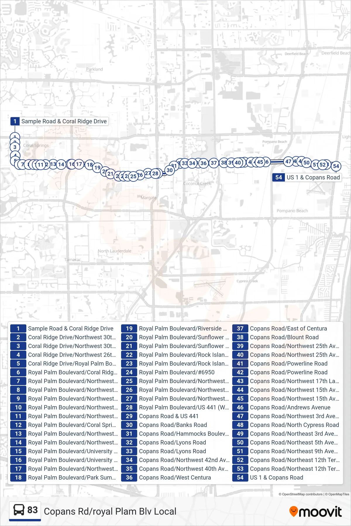 83 bus Line (Us 1 - Copans) route and stops on a map