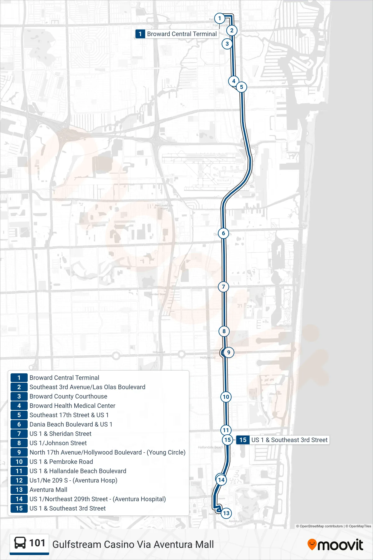 101 bus Line (Gulfstream Casino Via Aventura Mall) route and stops on a map