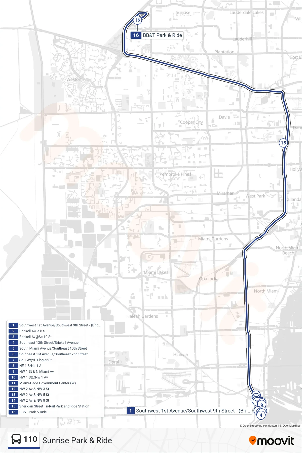110 bus Line (Sunrise Park & Ride) route and stops on a map