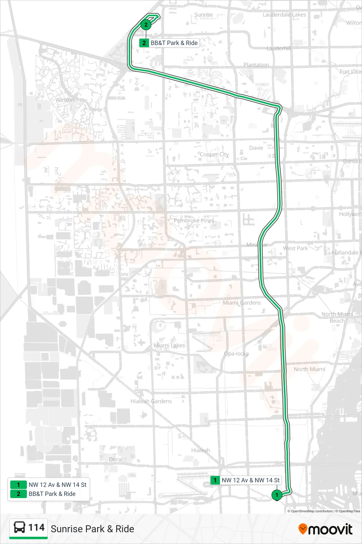 114 bus Line (Sunrise Park & Ride) route and stops on a map