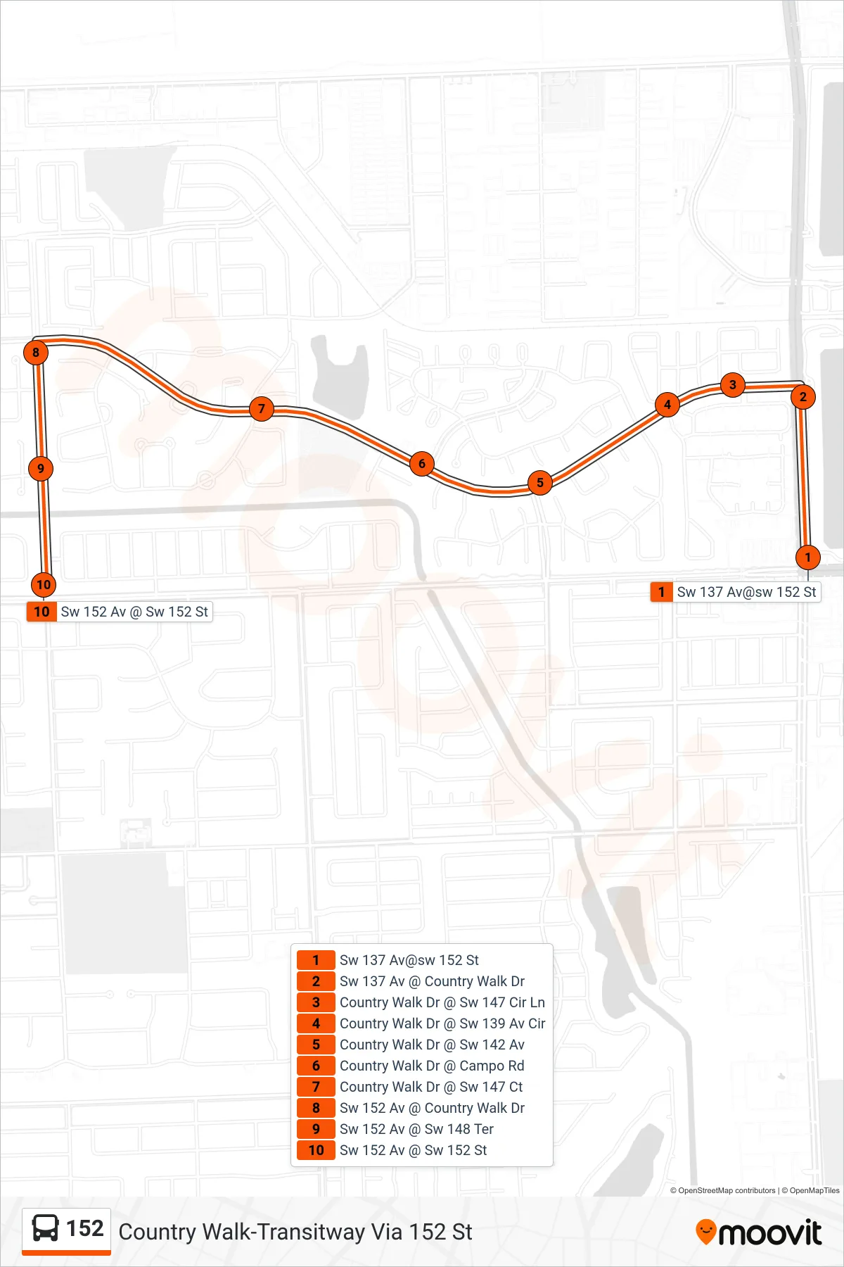 152 bus Line (152 - SW 152 St/Transitway) route and stops on a map