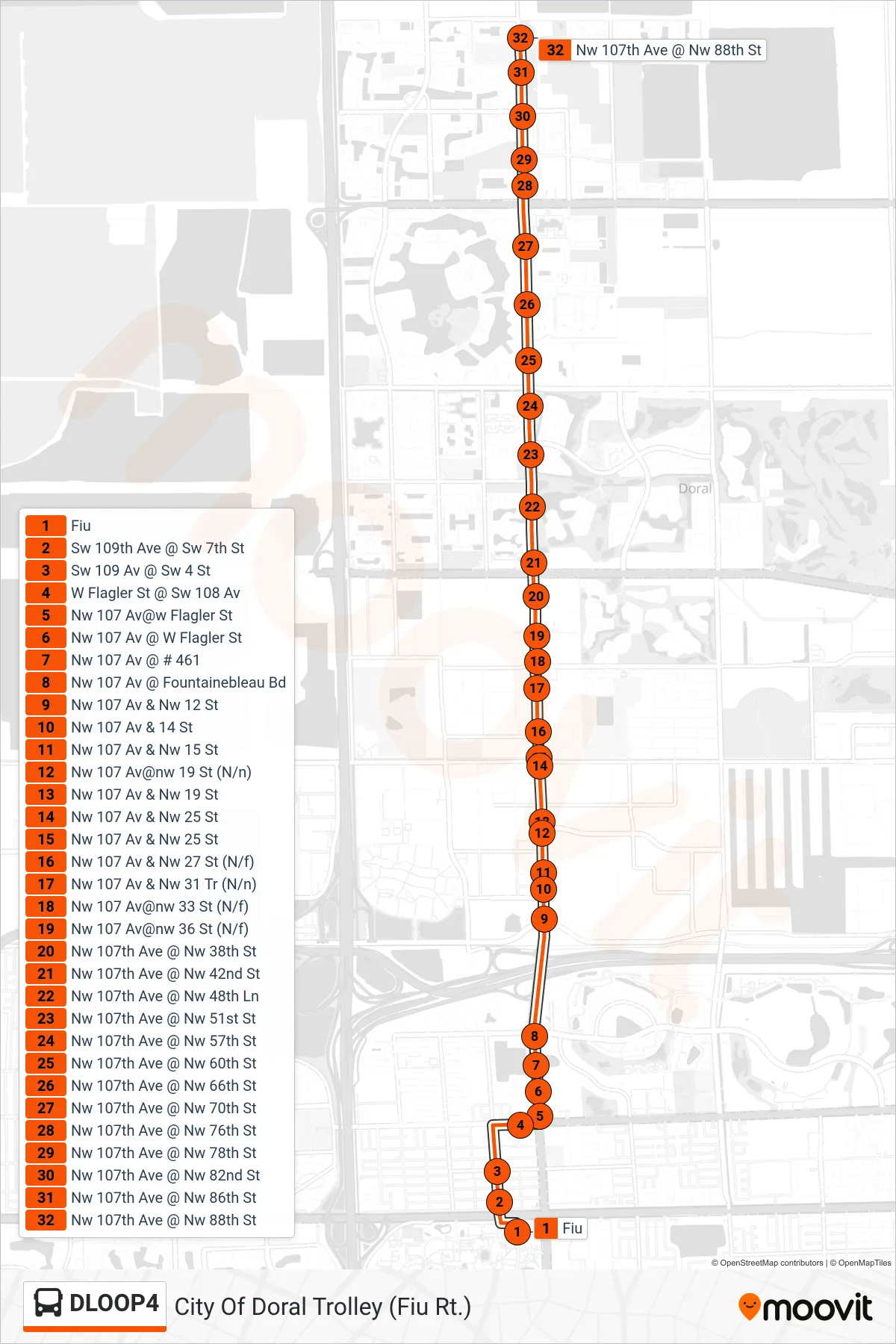 DLOOP4 bus Line (City Of Doral Trolley (Fiu Rt.)) route and stops on a map