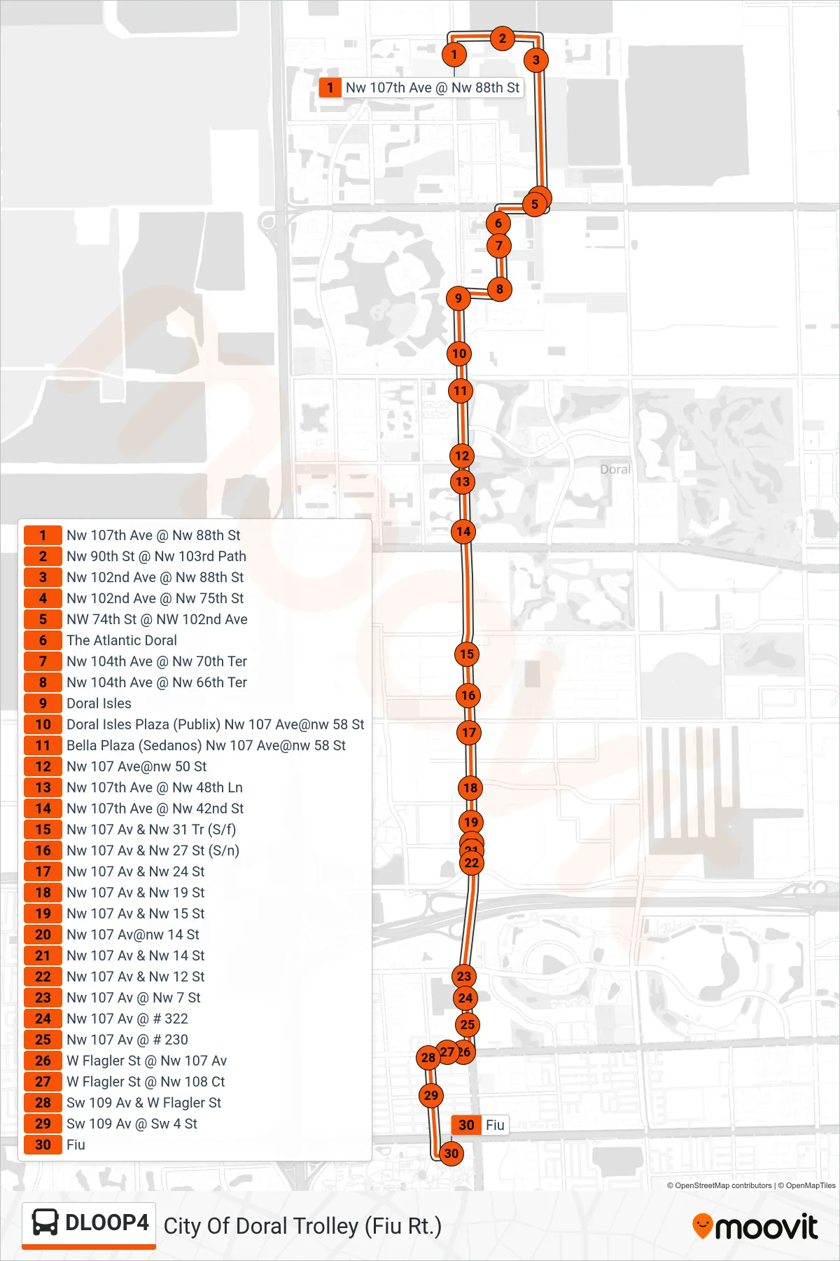 DLOOP4 bus Line (City Of Doral Trolley (Fiu Rt.)) route and stops on a map
