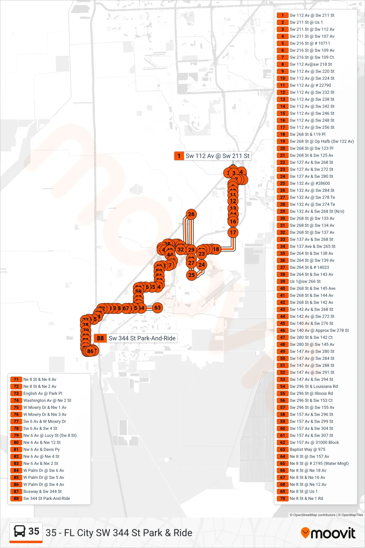 35 bus Line (35 - FL City SW 344 St Park & Ride) route and stops on a map