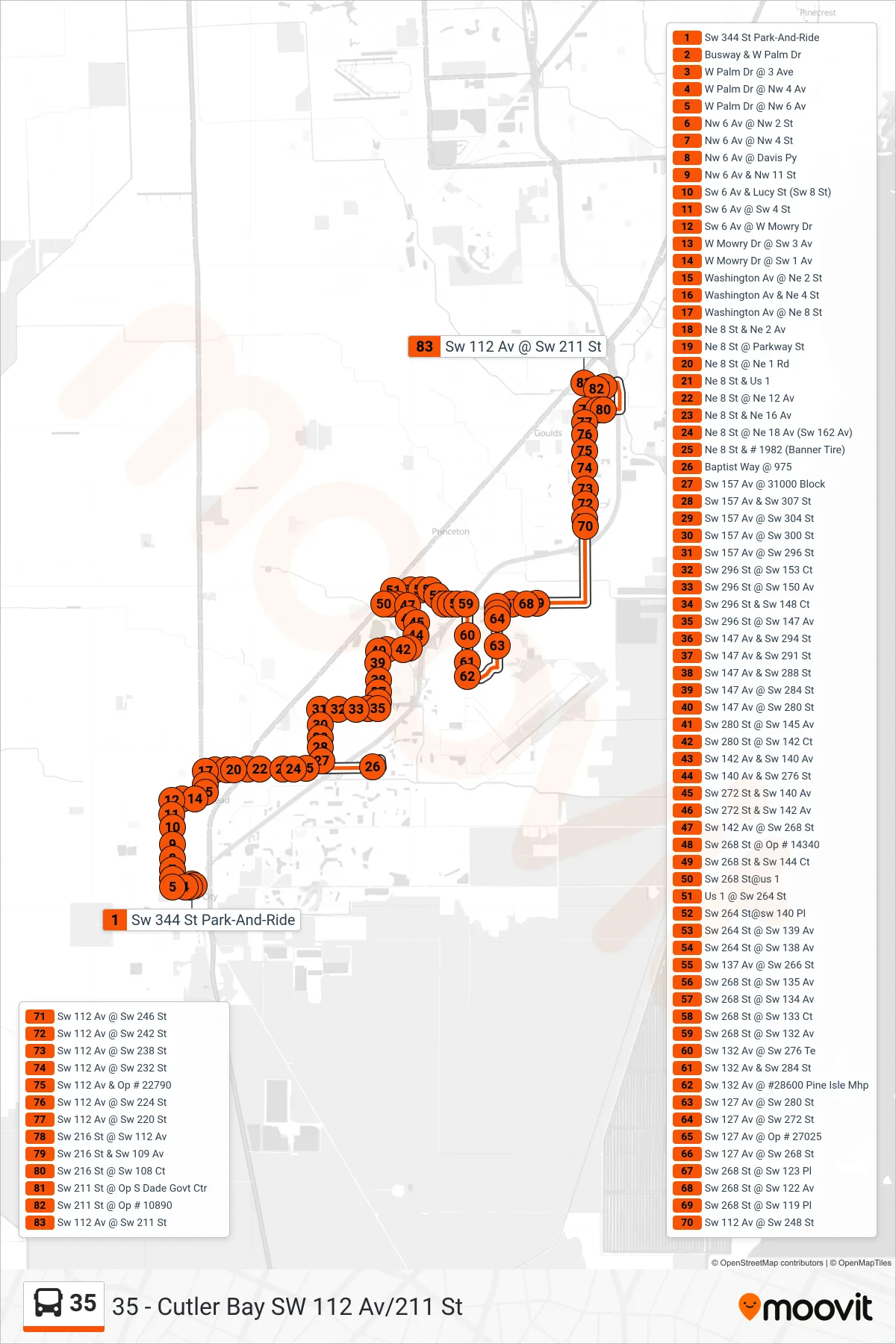 35 bus Line (35 - Cutler Bay SW 112 Av/211 St) route and stops on a map