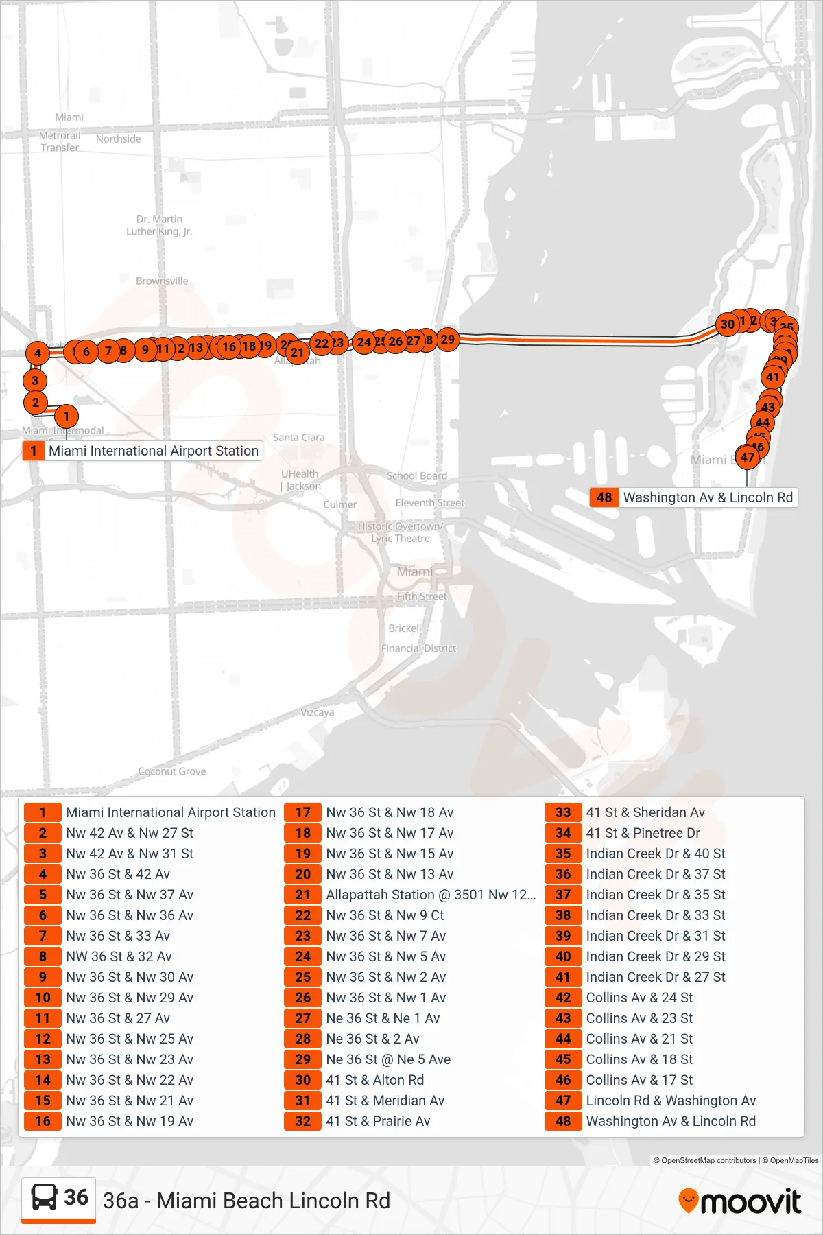 36 bus Line (36a - Miami Beach Lincoln Rd) route and stops on a map