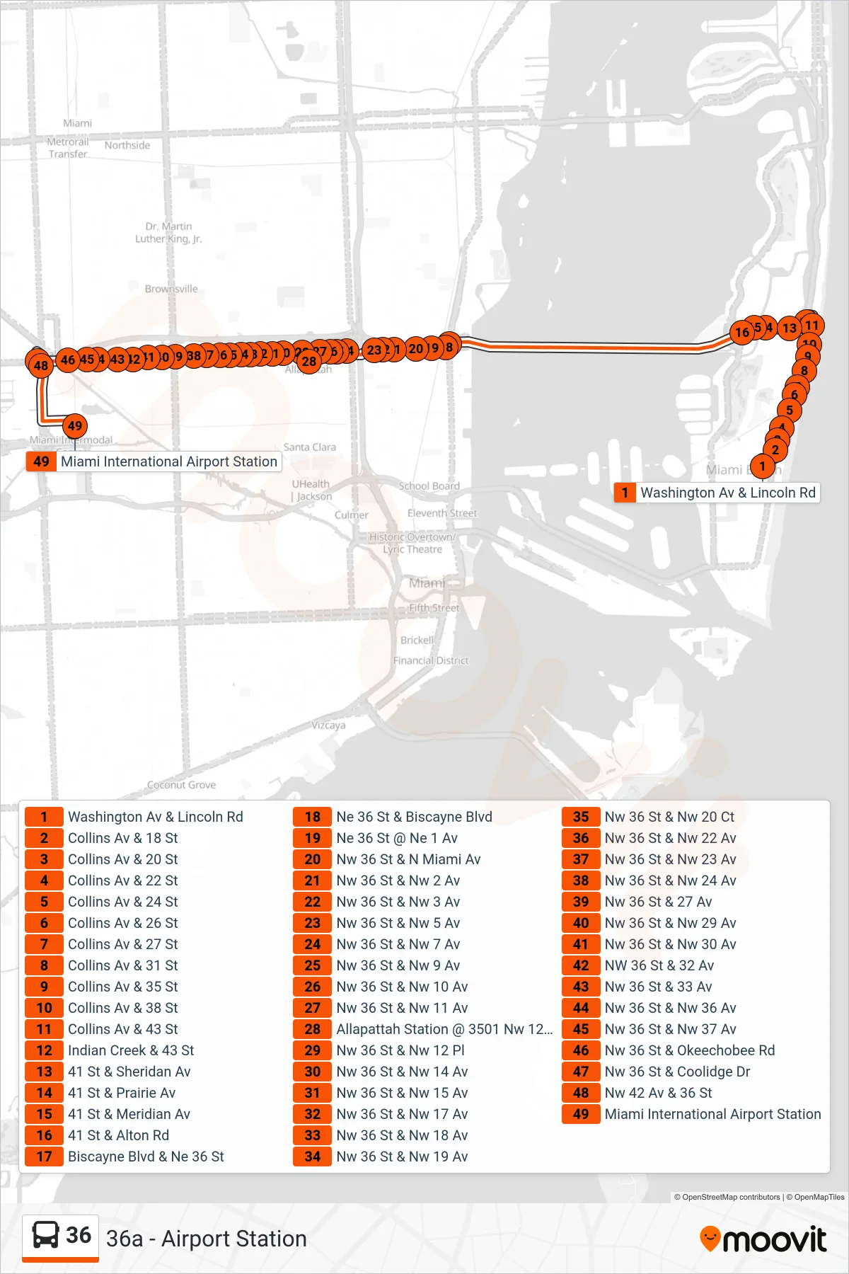 36 bus Line (36a - Airport Station) route and stops on a map