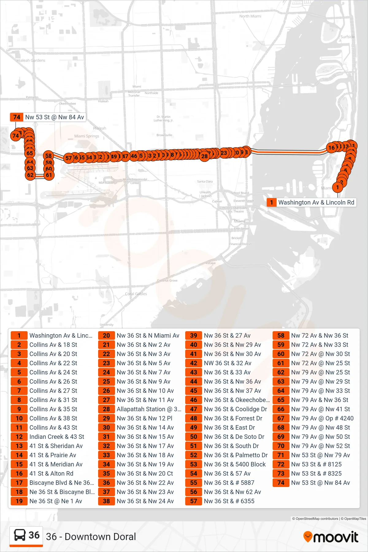 36 bus Line (36 - Downtown Doral) route and stops on a map