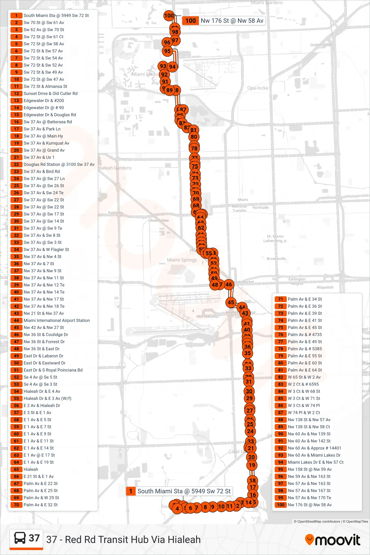 37 bus Line (37 - Red Rd Transit Hub Via Hialeah) route and stops on a map