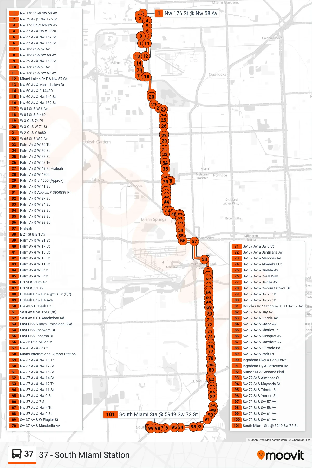 37 bus Line (37 - South Miami Station) route and stops on a map