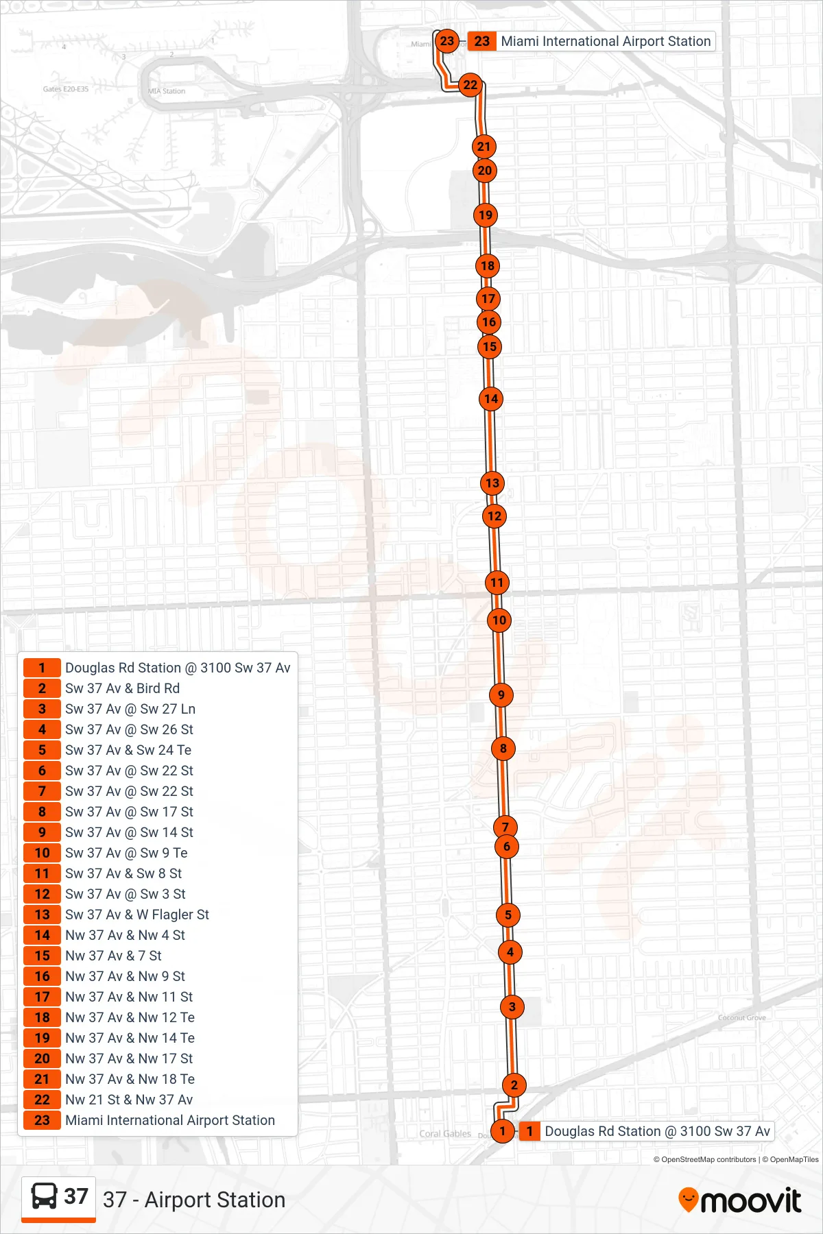 37 bus Line (37 - Airport Station) route and stops on a map