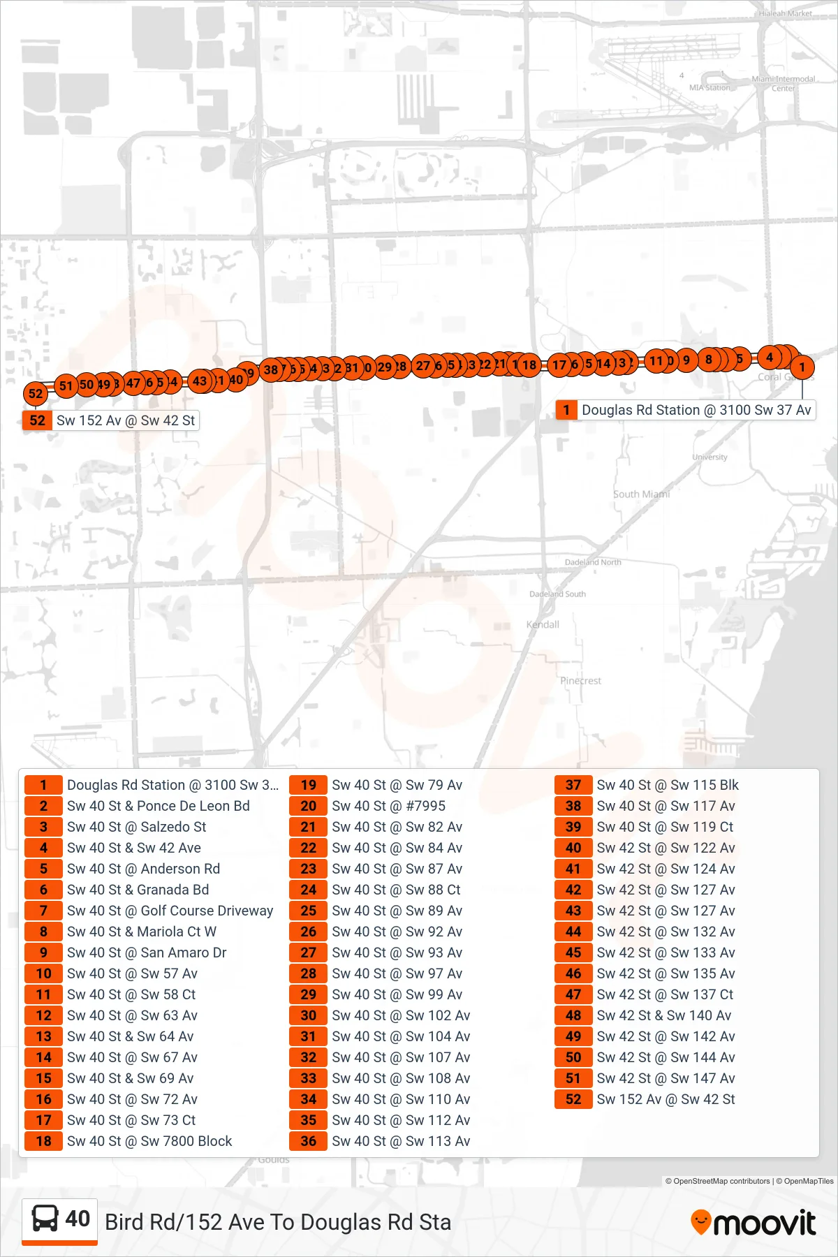40 bus Line (40 - SW 42 St/152 Av) route and stops on a map
