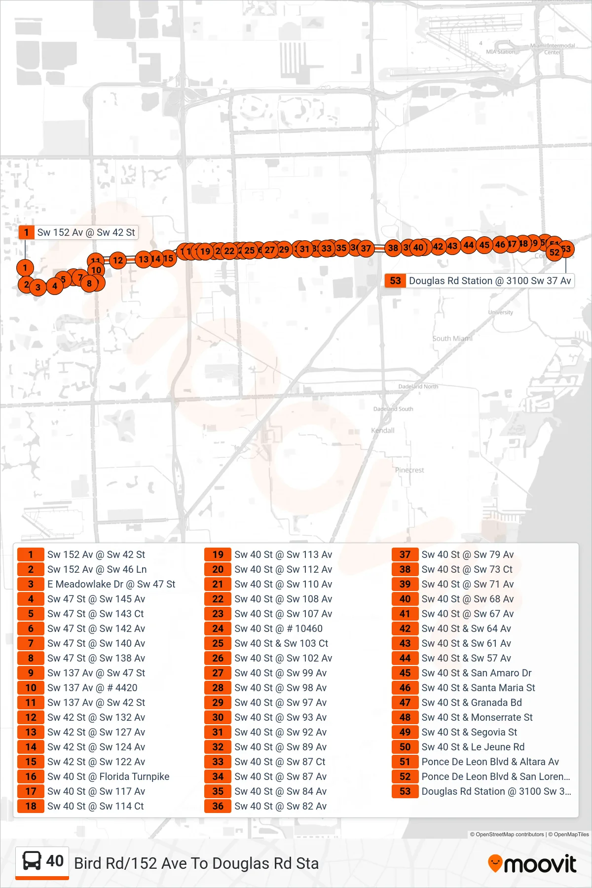 40 bus Line (40 - Douglas Road Station) route and stops on a map