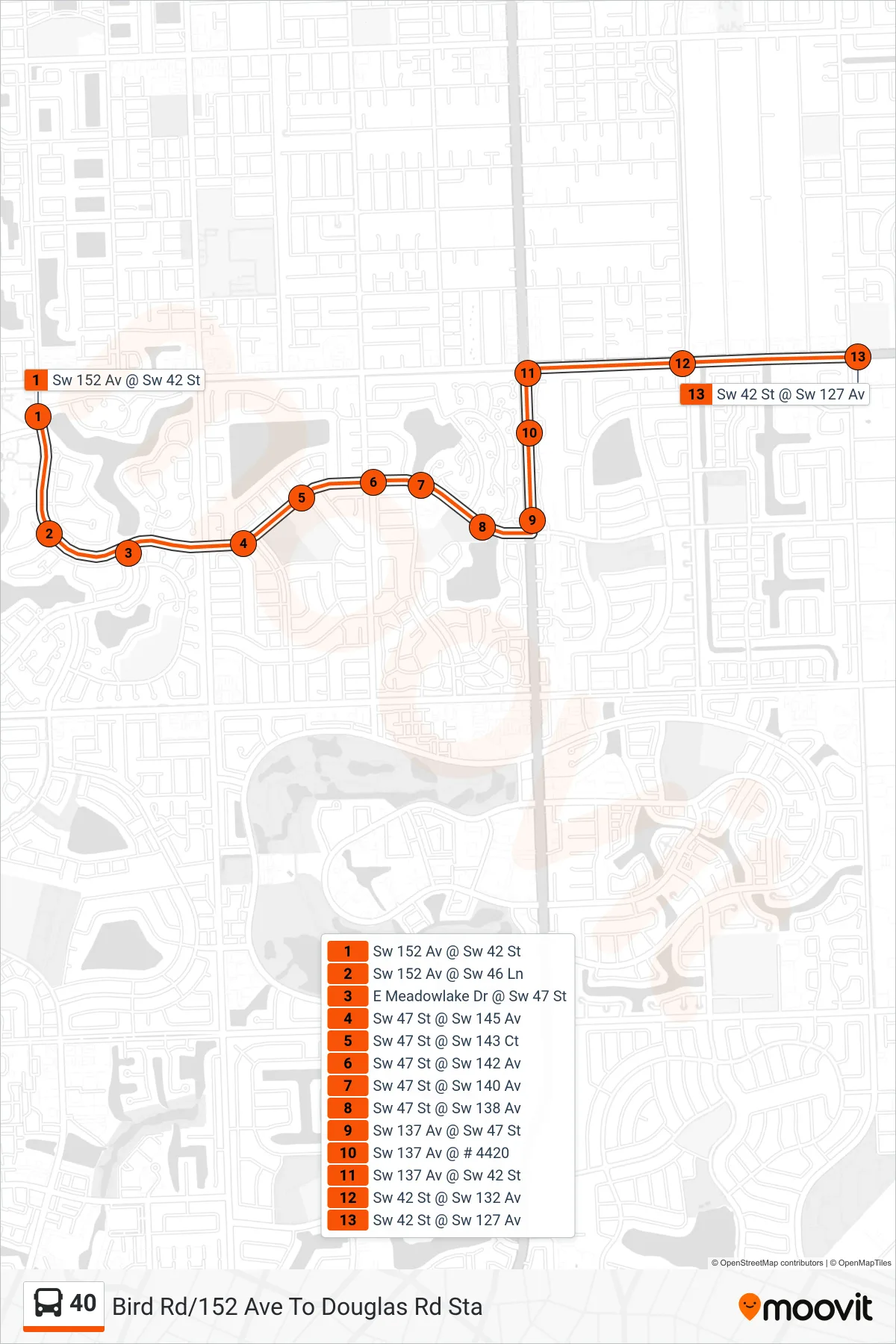 40 bus Line (40 - To SW 127 Ave) route and stops on a map