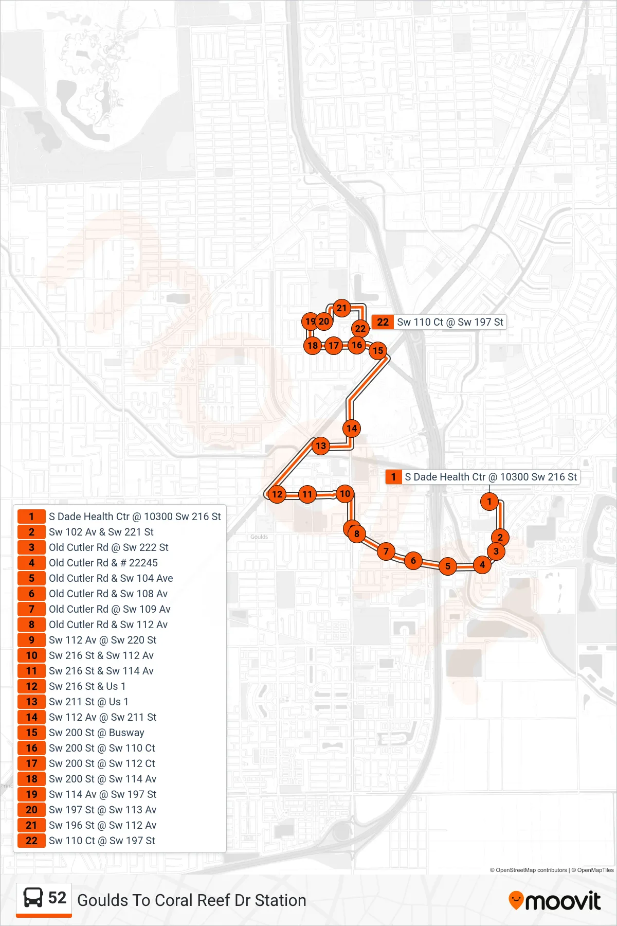 52 bus Line (52 - Caribbean Blvd Station SW 200 St & Transitway) route and stops on a map