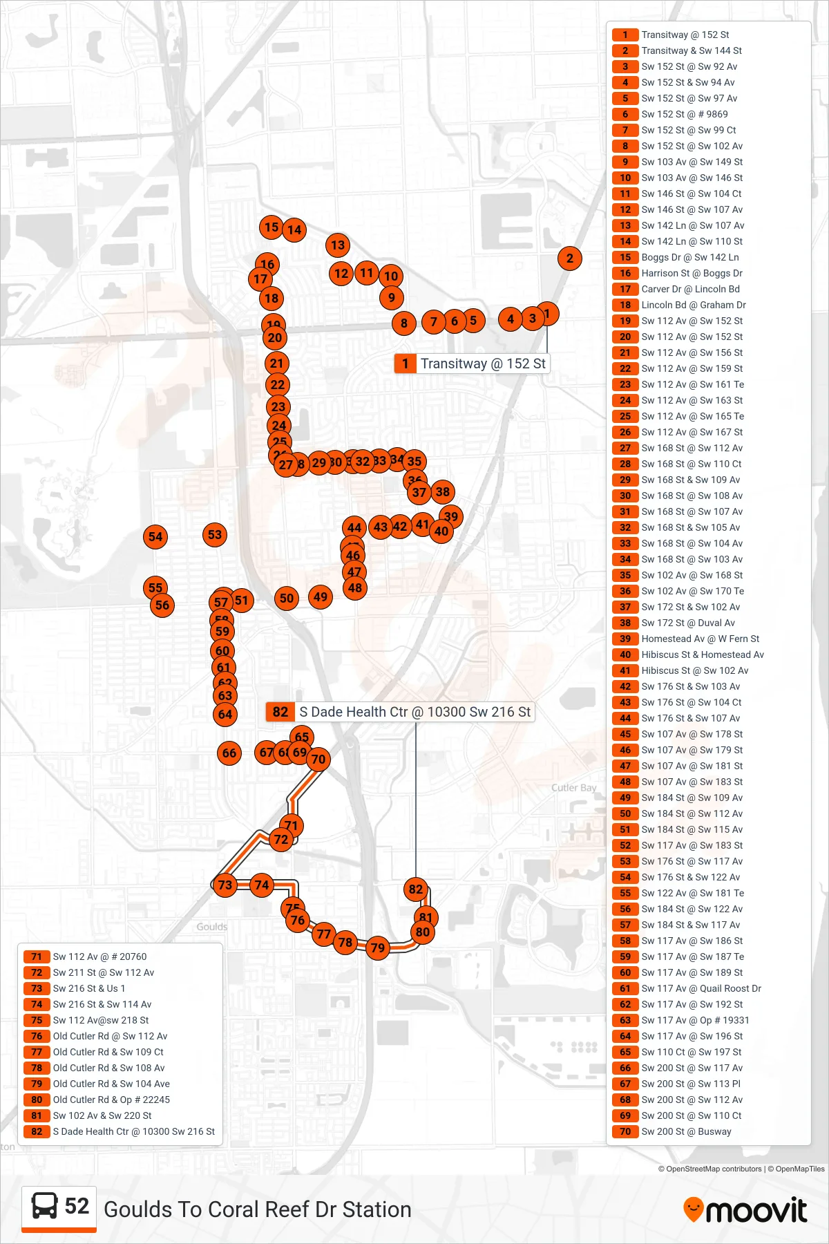 52 bus Line (52 - Goulds/Chi Health Center) route and stops on a map