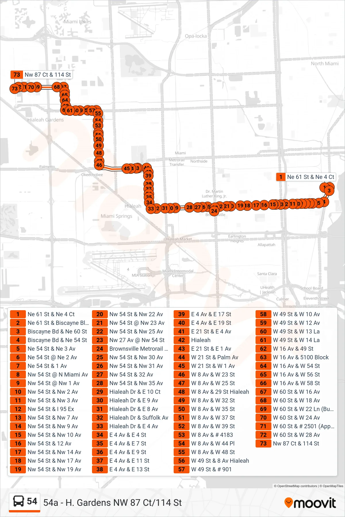 54 bus Line (54a - H. Gardens NW 87 Ct/114 St) route and stops on a map