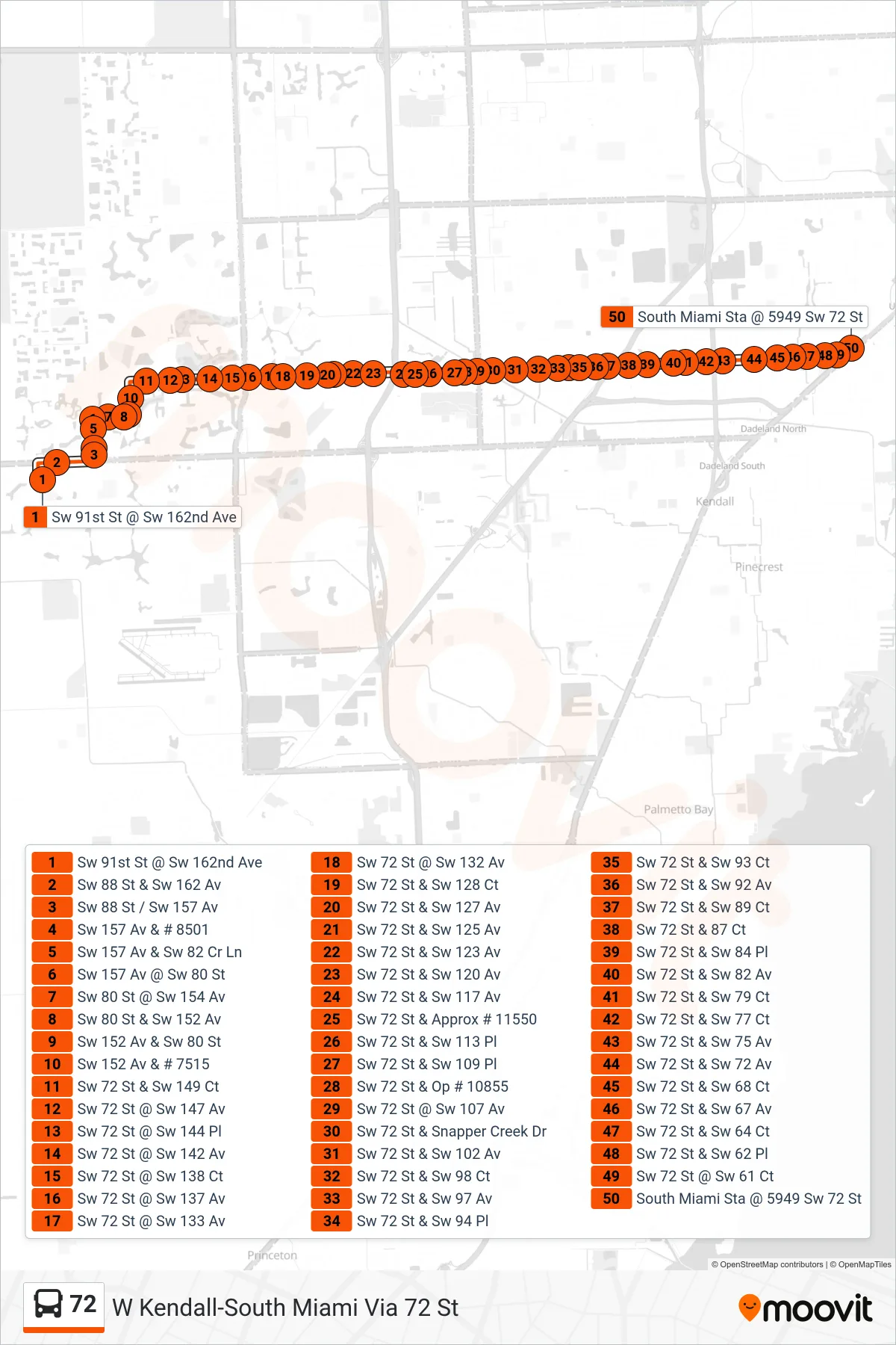 72 bus Line (72 - South Miami Station) route and stops on a map