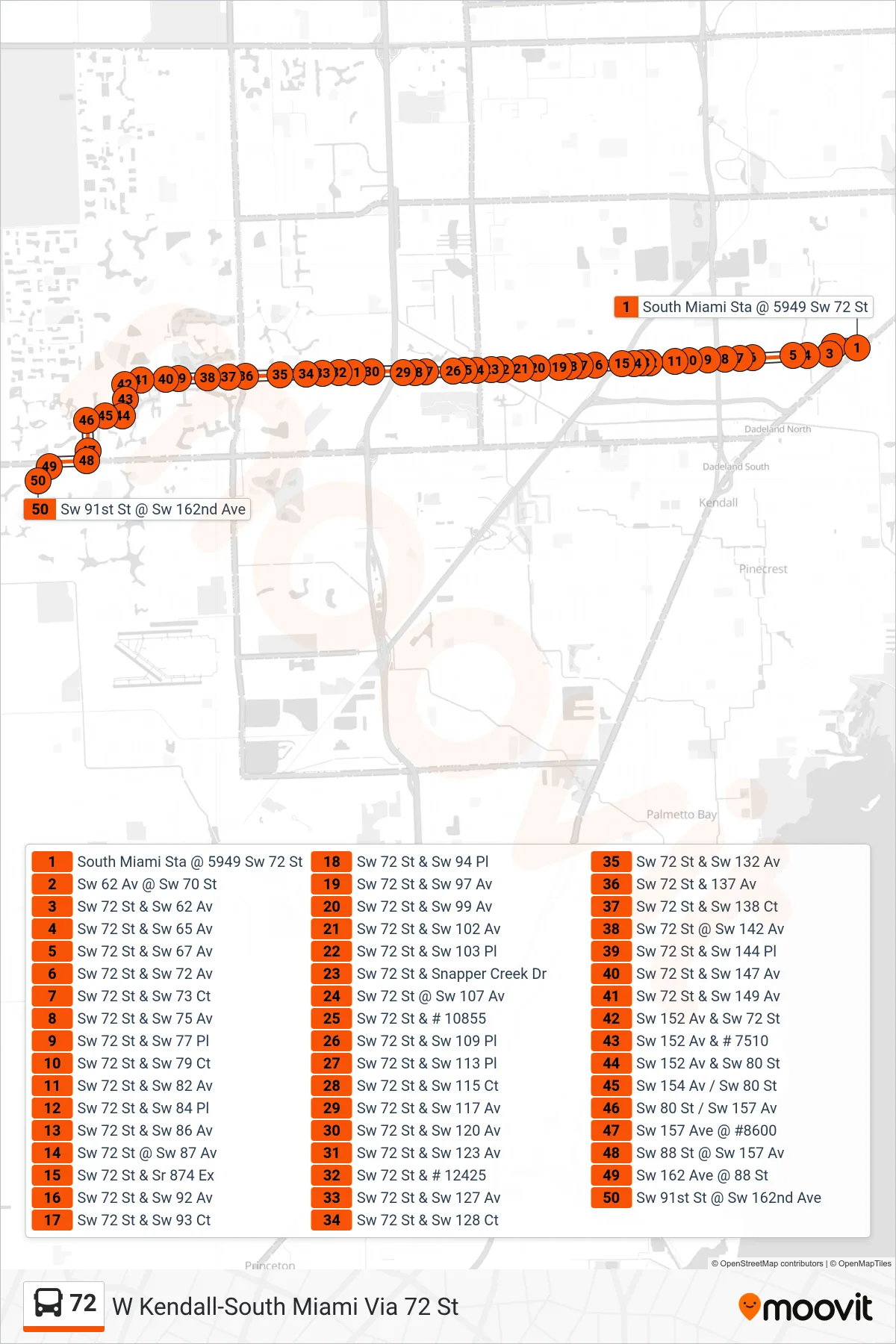 72 bus Line (72 - West Kendall Park & Ride) route and stops on a map