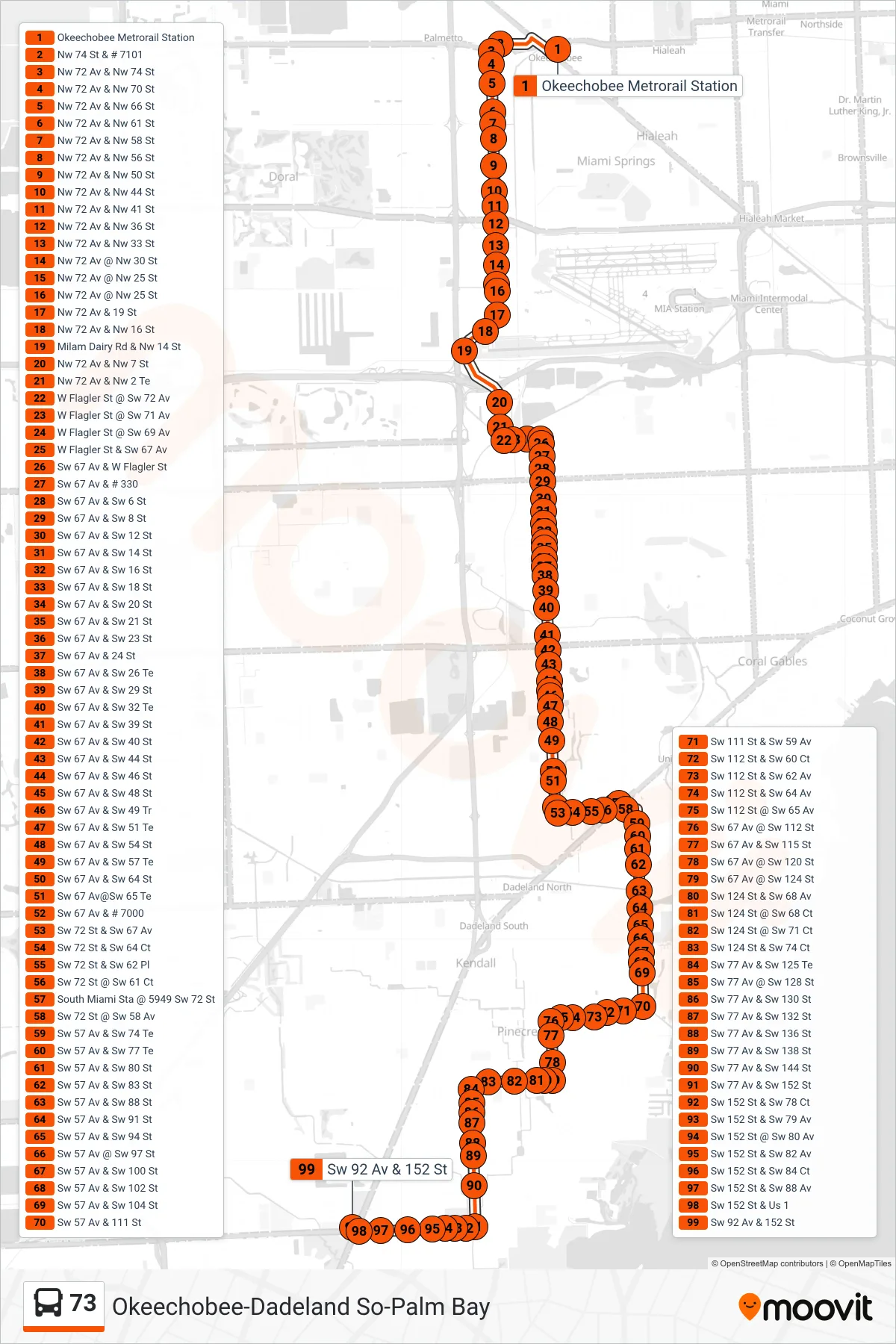73 bus Line (73 - SW 152 St/Transitway) route and stops on a map