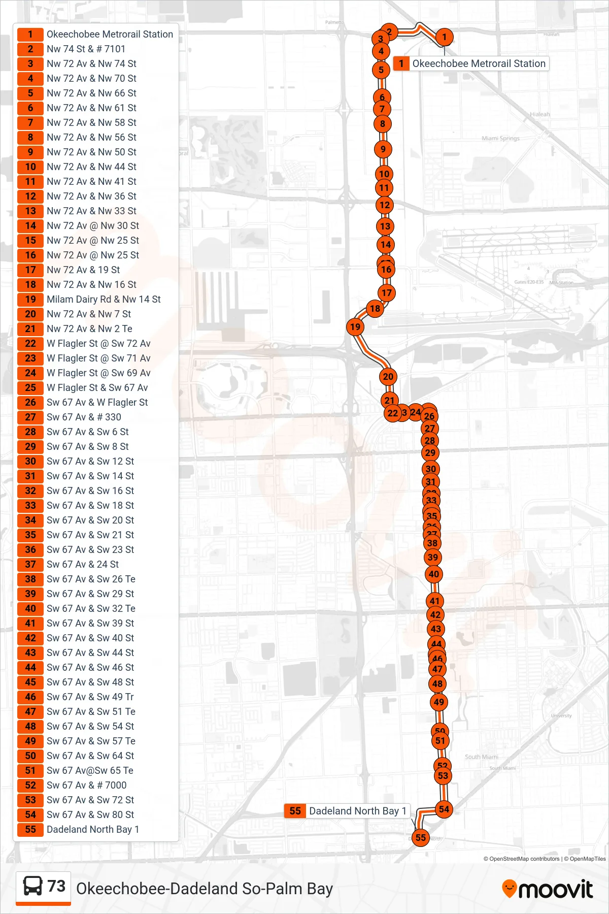 Roat Map Route Map - 73 - 73 - Dadeland North Station - Stops