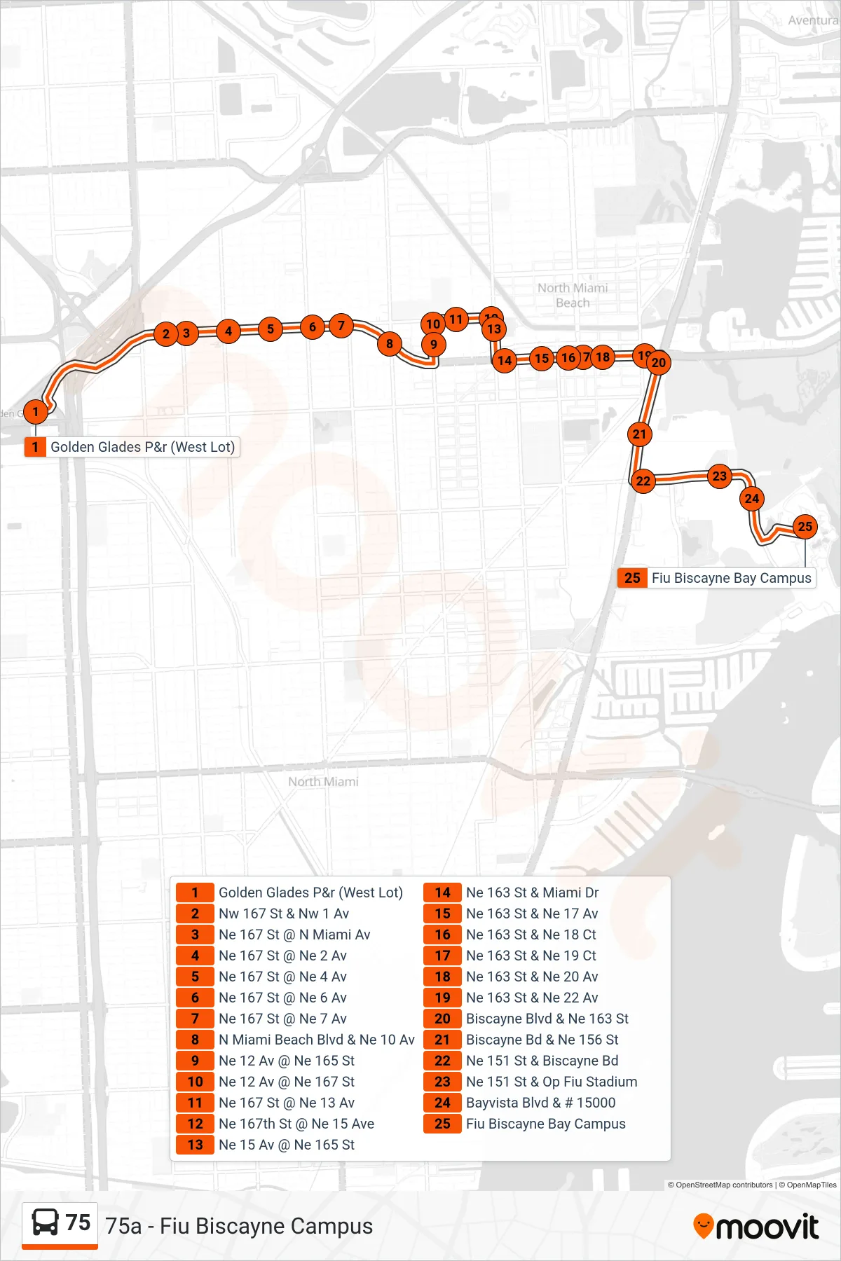 75 bus Line (75a - Fiu Biscayne Campus) route and stops on a map