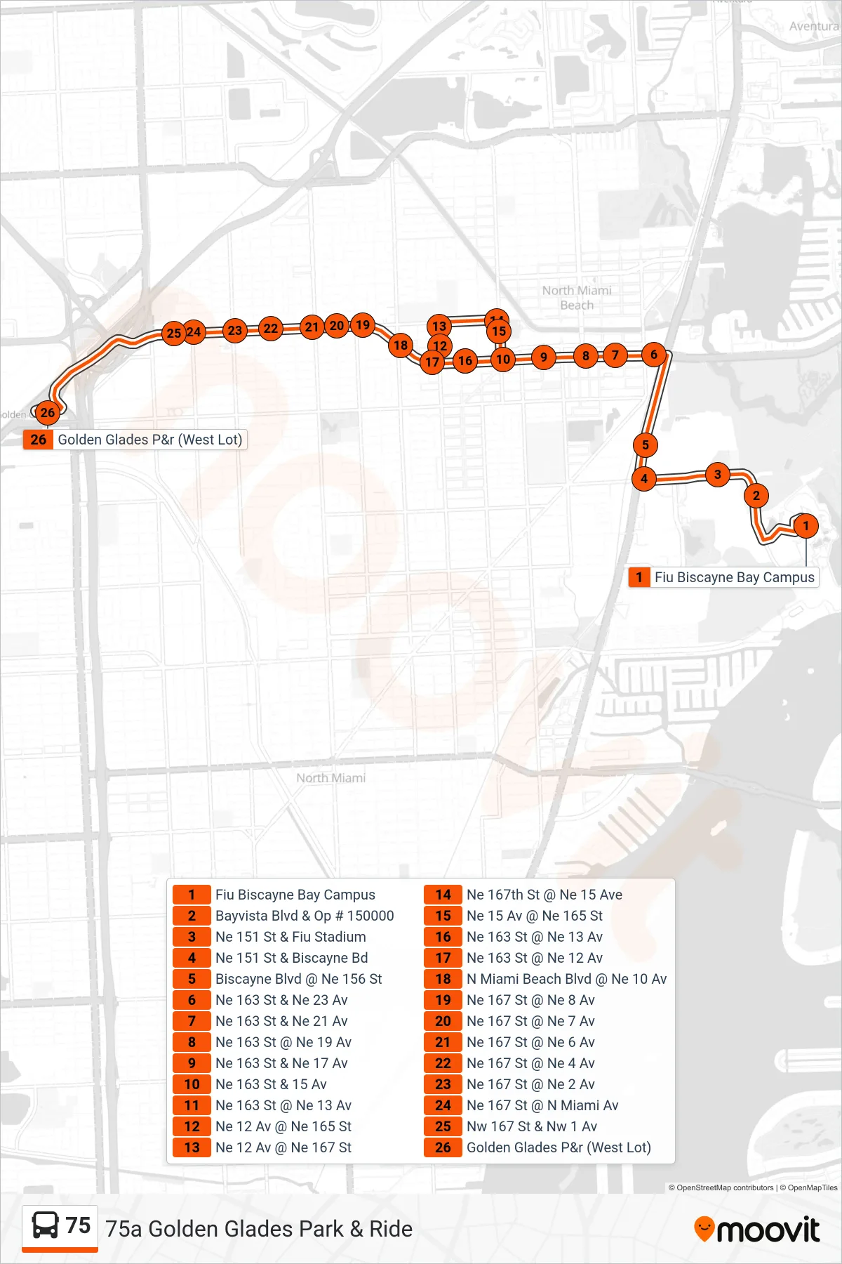 75 bus Line (75a Golden Glades Park & Ride) route and stops on a map