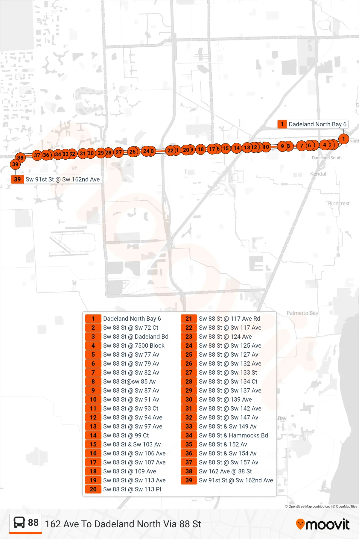 88 bus Line (88 - West Kendall Park & Ride) route and stops on a map
