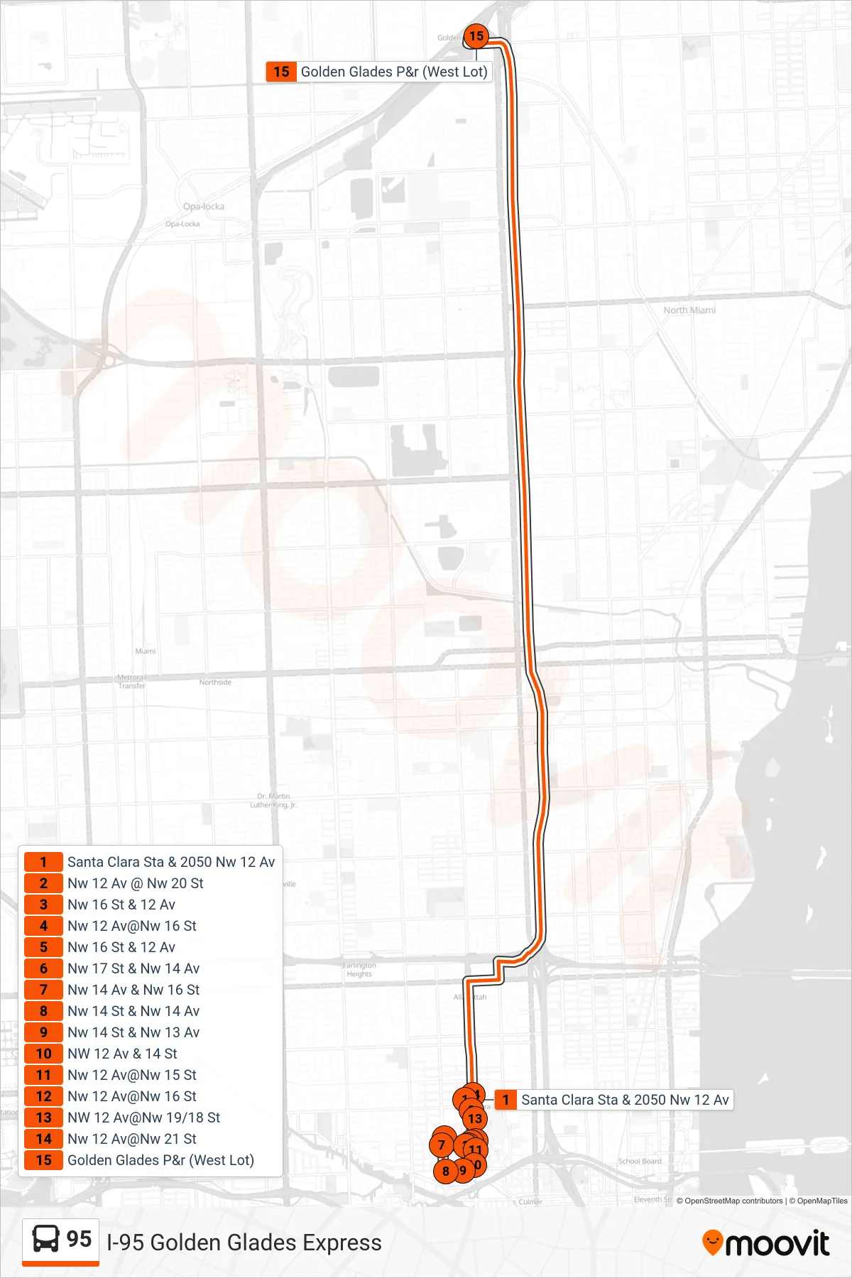 95 bus Line (95a - Golden Glades Park & Ride) route and stops on a map
