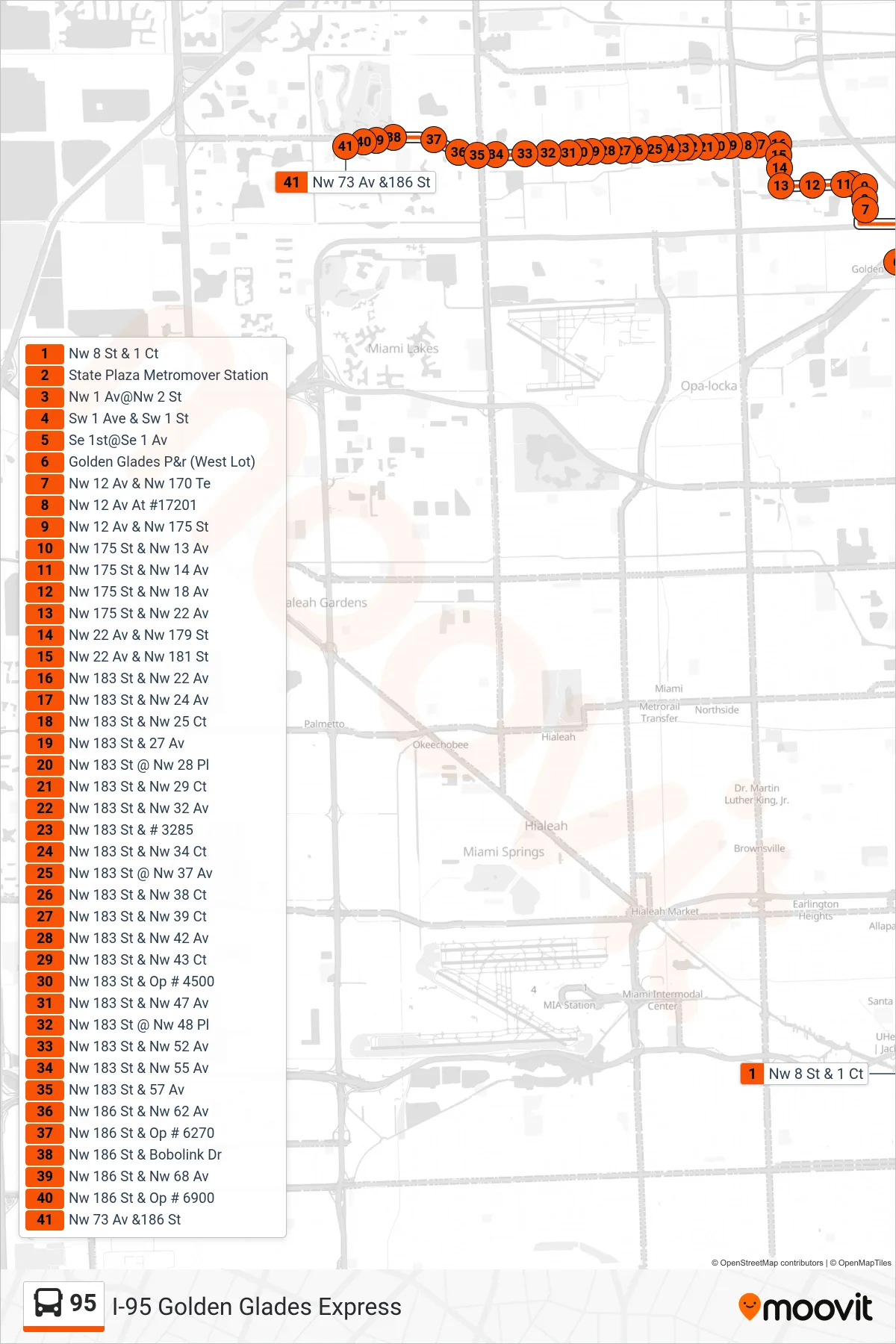 95 bus Line (95 - Carol City Via Golden Glades Park & Ride) route and stops on a map