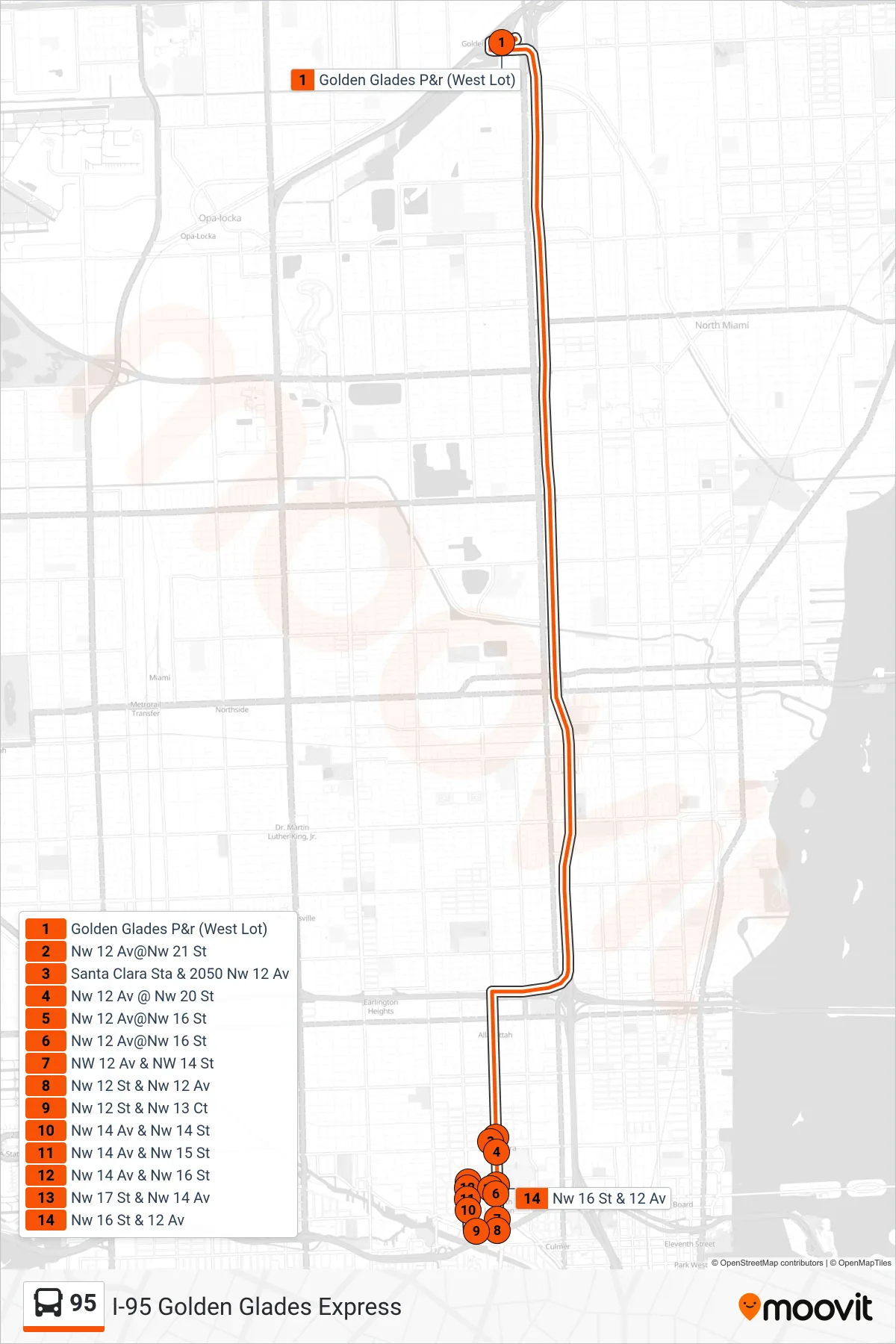 95 bus Line (95a - Civic Center) route and stops on a map