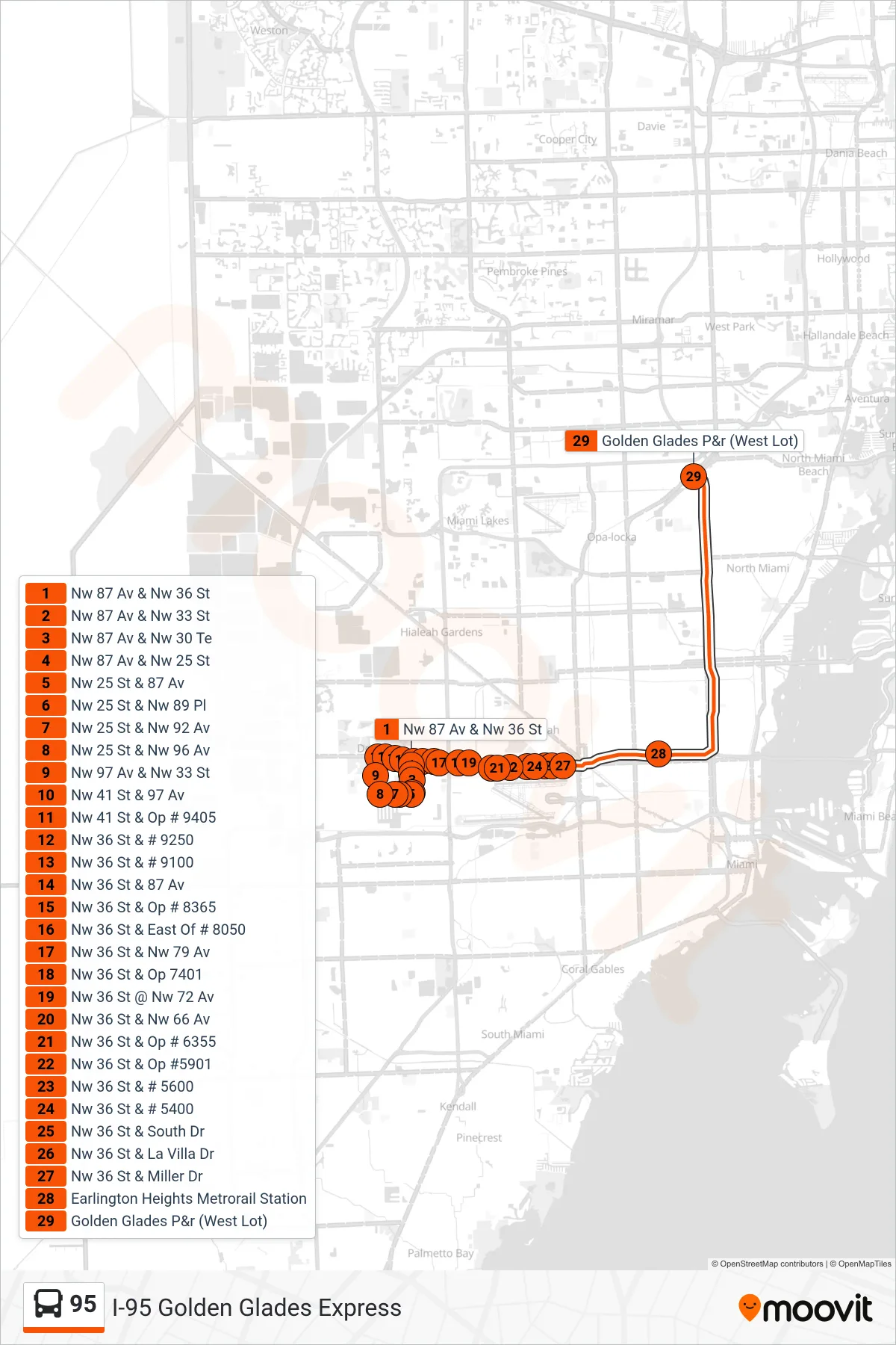 95 bus Line (95b - Golden Glades Park & Ride) route and stops on a map