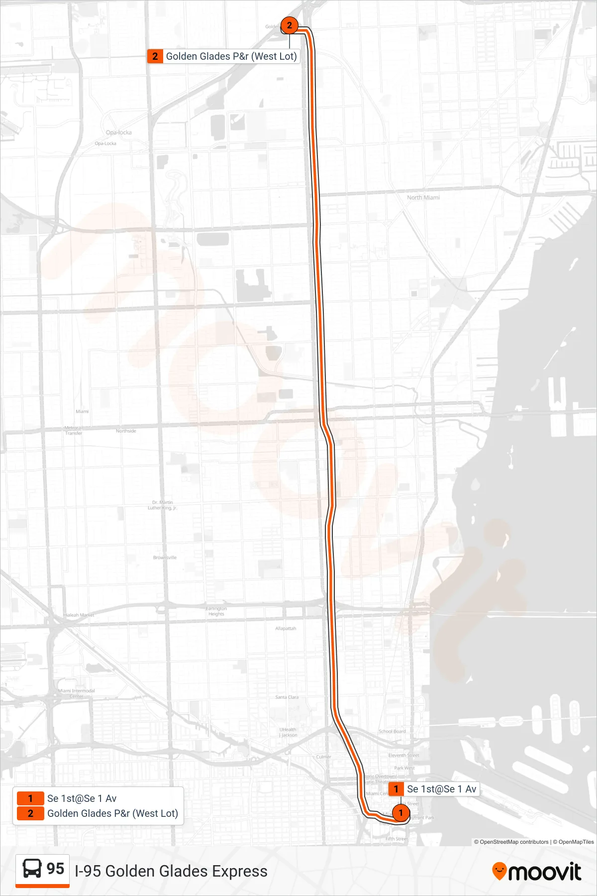 95 bus Line (95 - Golden Glades Park & Ride) route and stops on a map