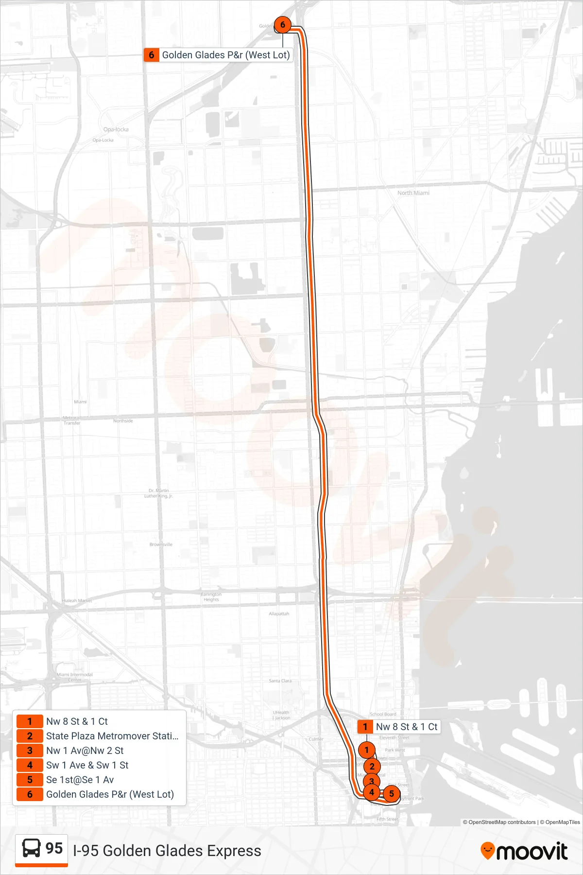 95 bus Line (95 - Golden Glades Pak & Ride) route and stops on a map