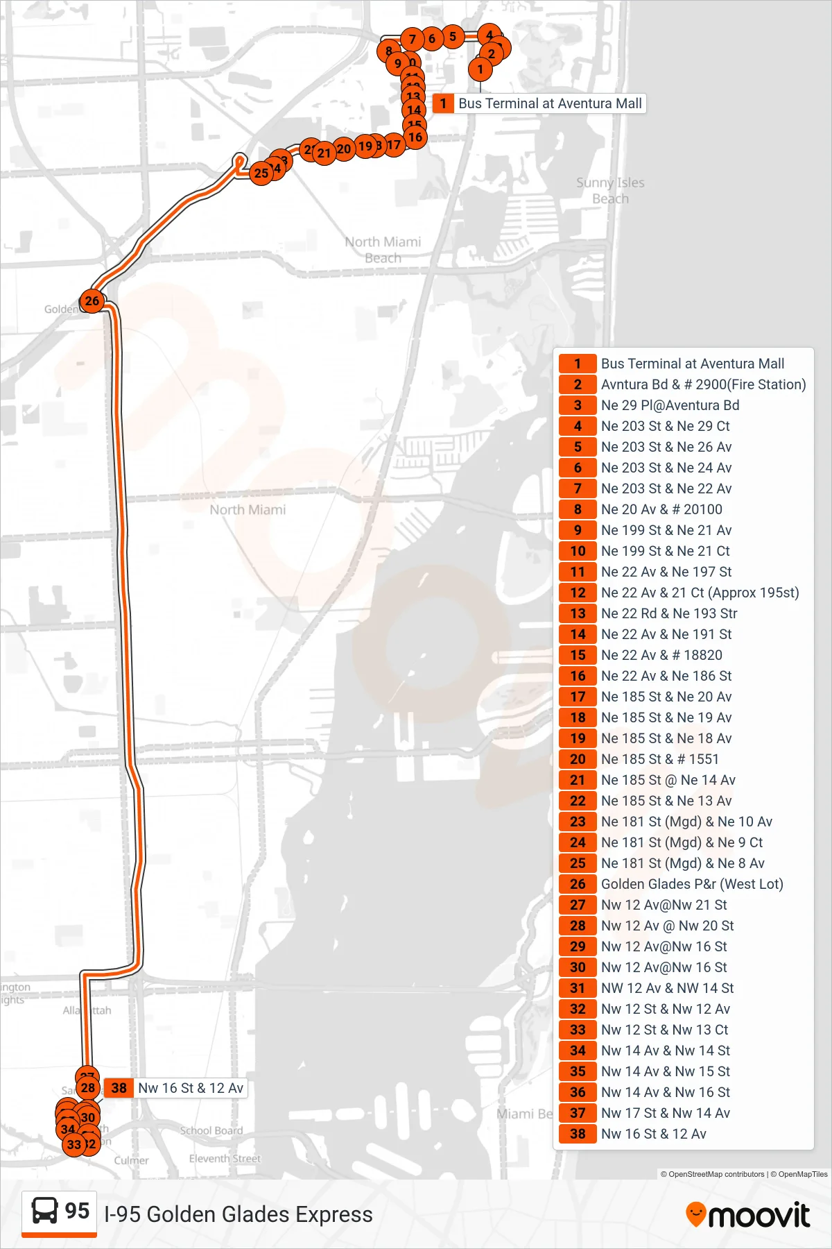 95 bus Line (95a - Civic Center Via Golden Glades Park & Ride) route and stops on a map