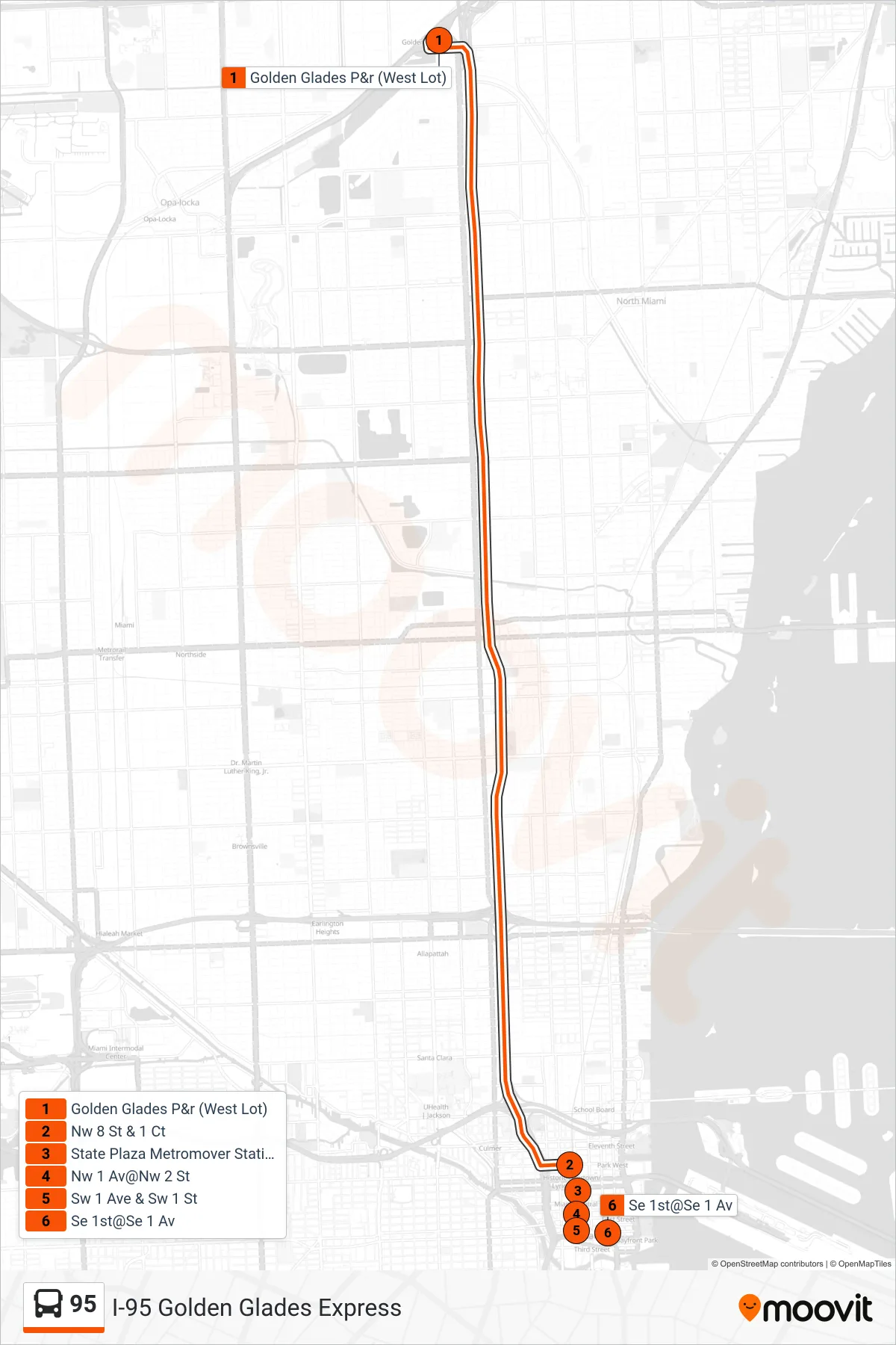 95 bus Line (95 - Downtown Miami) route and stops on a map