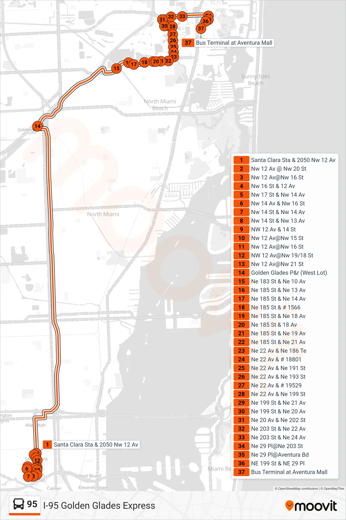 95 bus Line (95a - Aventura Mall Terminal Via Golden Glades Park & Ride) route and stops on a map
