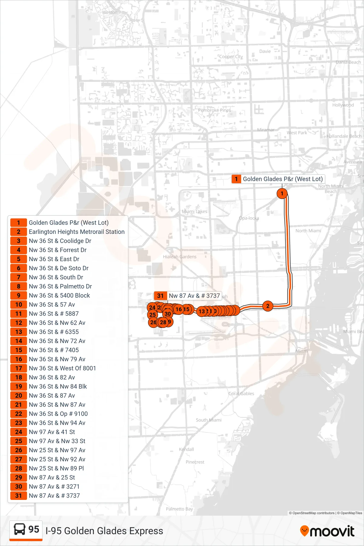 95 bus Line (95b - Doral) route and stops on a map