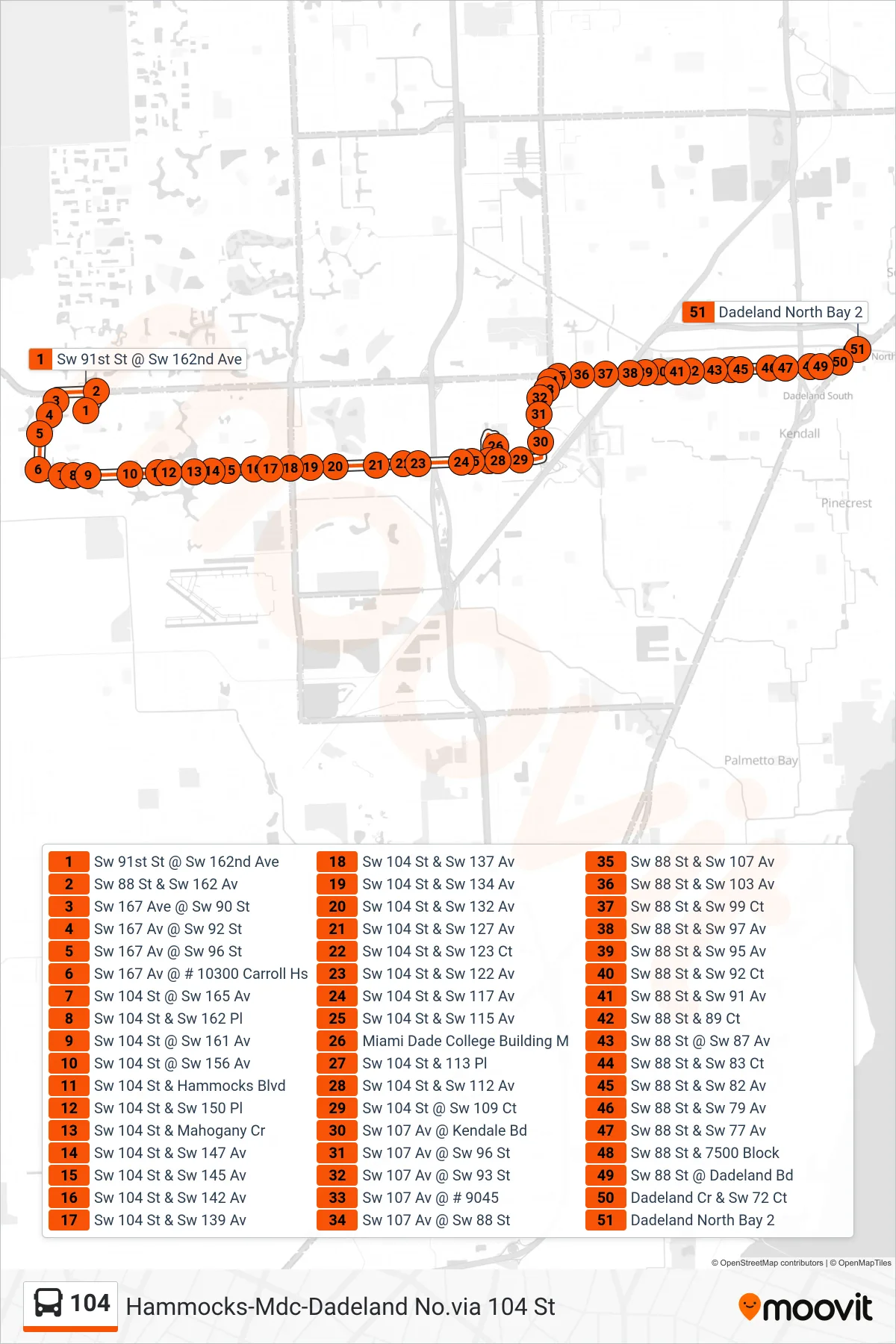 104 bus Line (104 - Dadeland North Station Via 167 Av) route and stops on a map