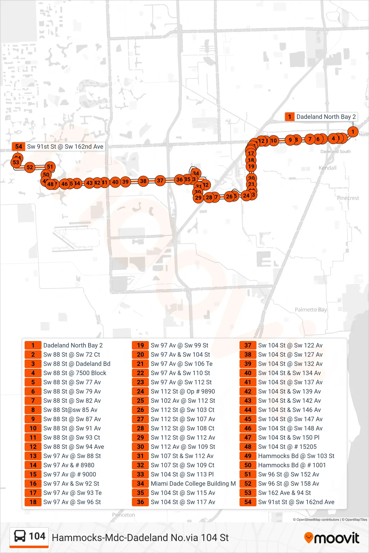 104 bus Line (104a - West Kendall Park & Ride Via Hammocks Blvd) route and stops on a map