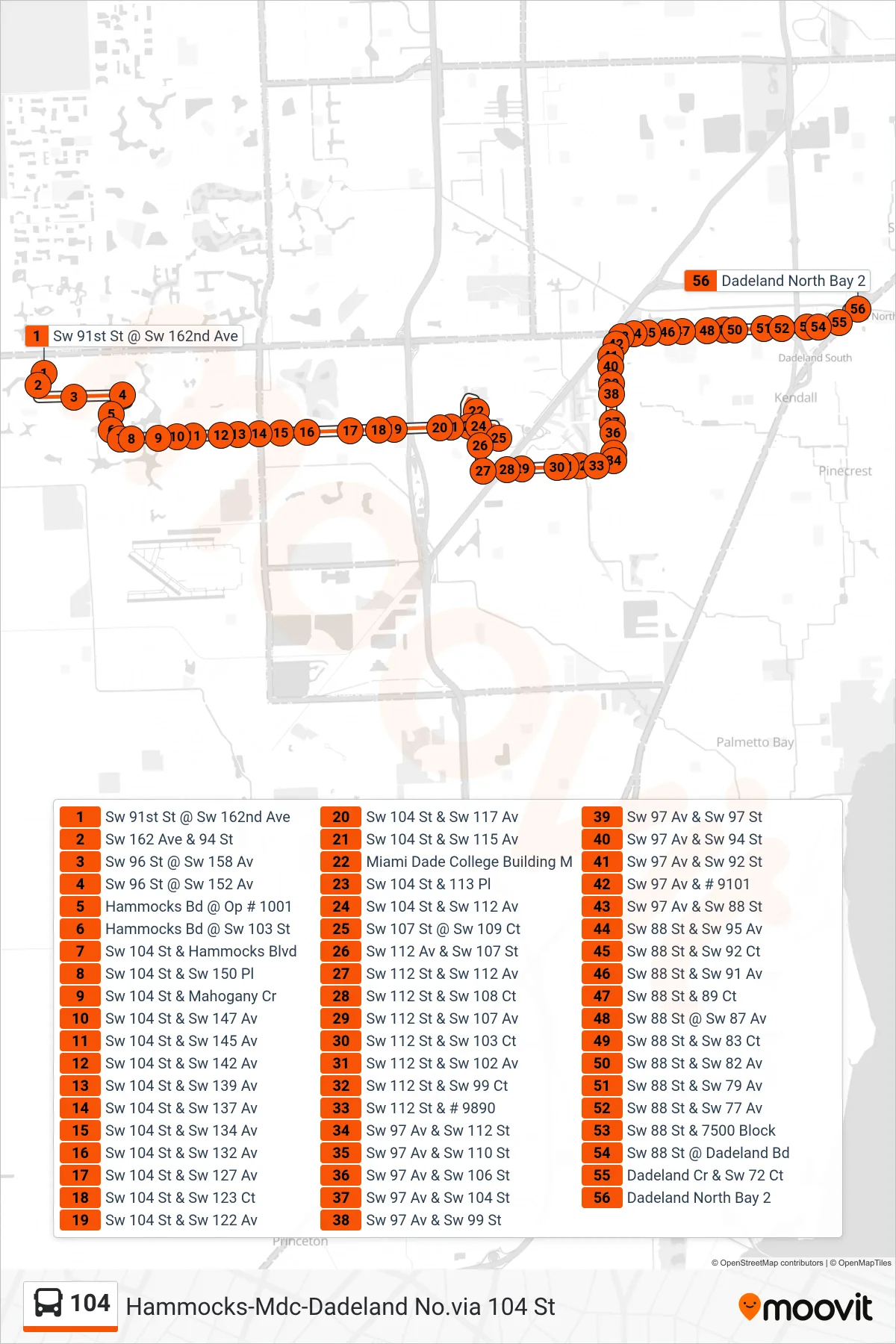 104 bus Line (104a - Dadeland North Station Via Hammocks Blvd) route and stops on a map
