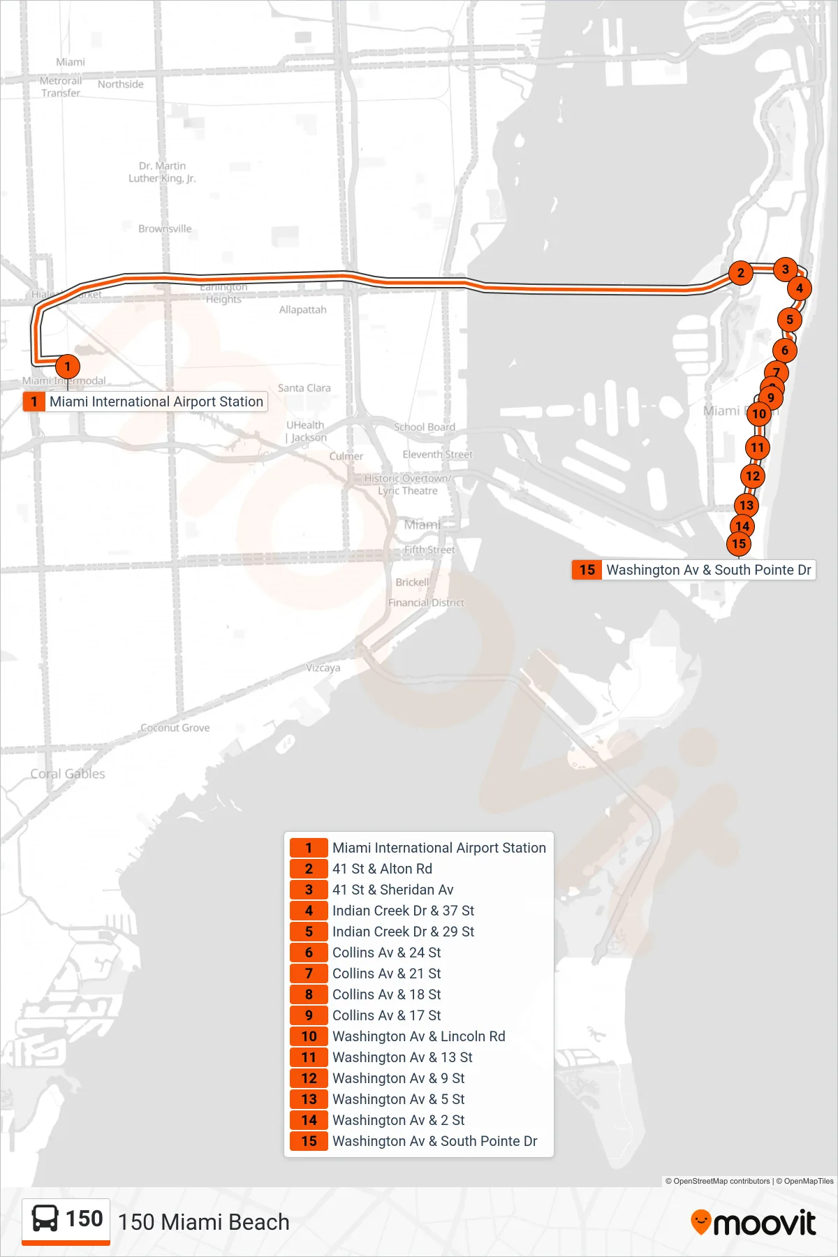 150 bus Line (150 Miami Beach) route and stops on a map