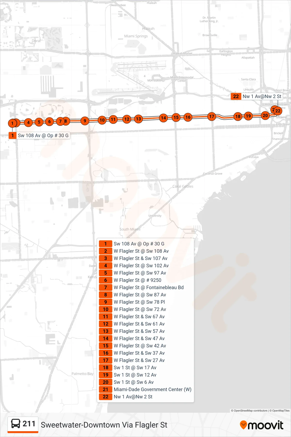 211 bus Line (211 - Downtown Miami) route and stops on a map